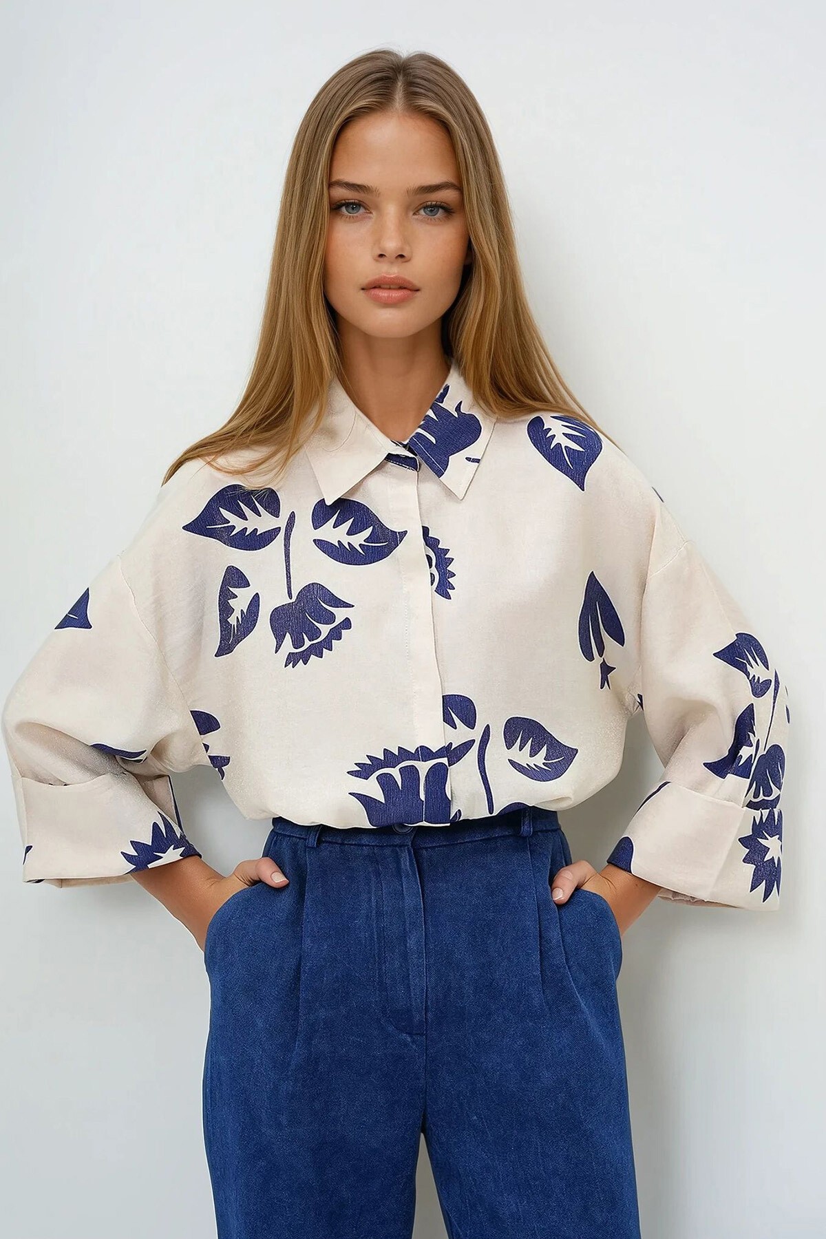 Lacivert Bej Double Manşetli Yaprak Desenli Dokuma Gömlek