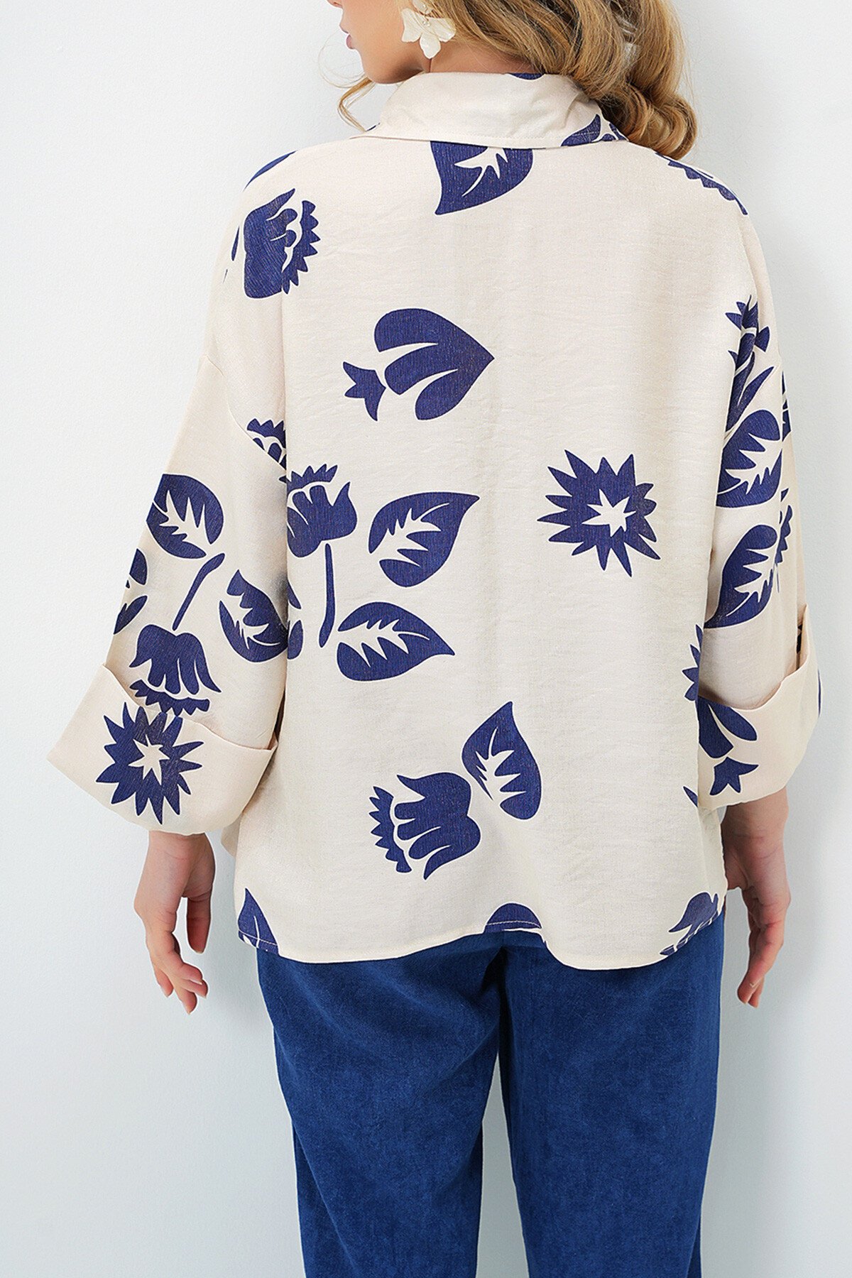 Lacivert Bej Double Manşetli Yaprak Desenli Dokuma Gömlek