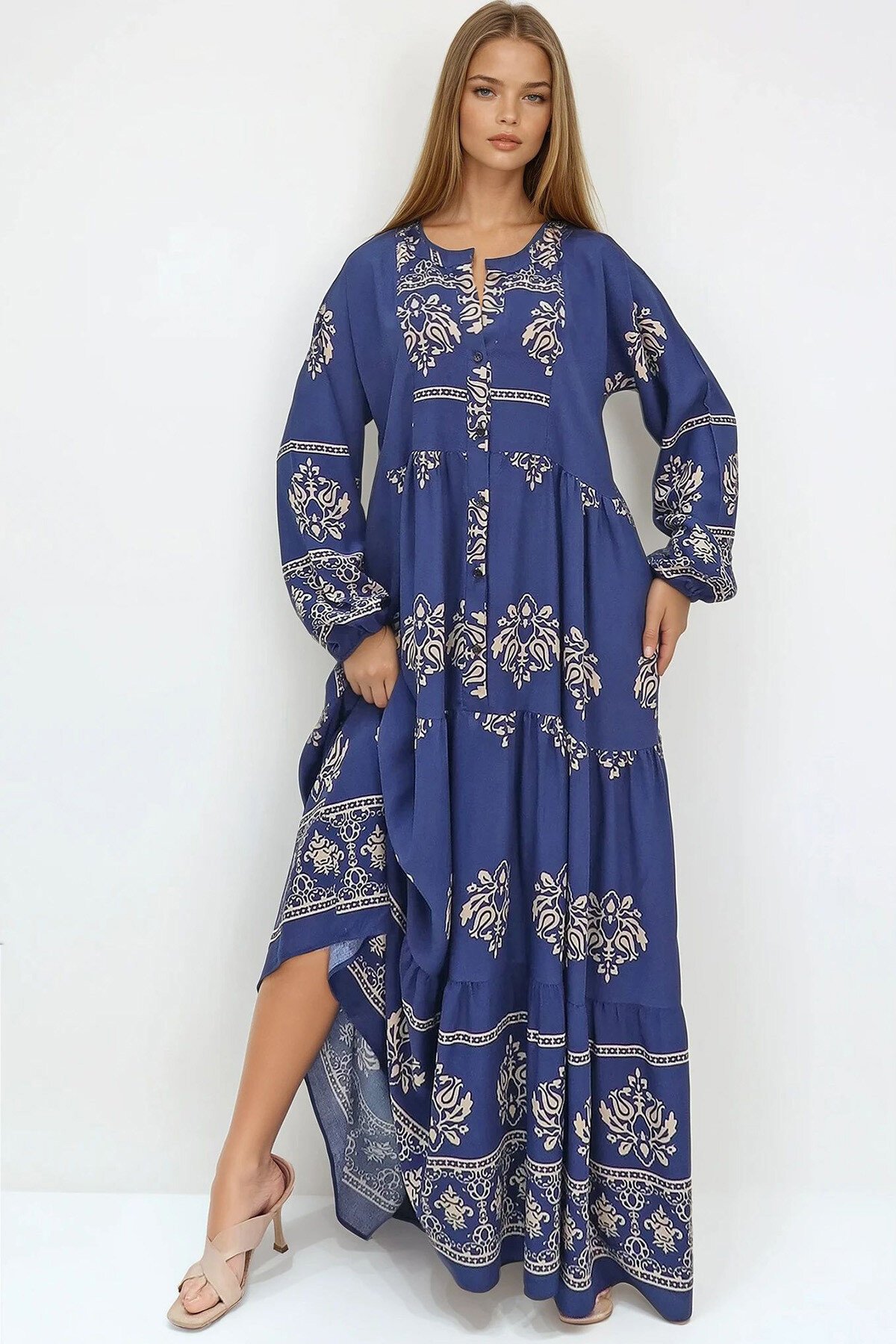 Lacivert Bej Hakim Yaka Şal Desenli Maxi Boy Elbise