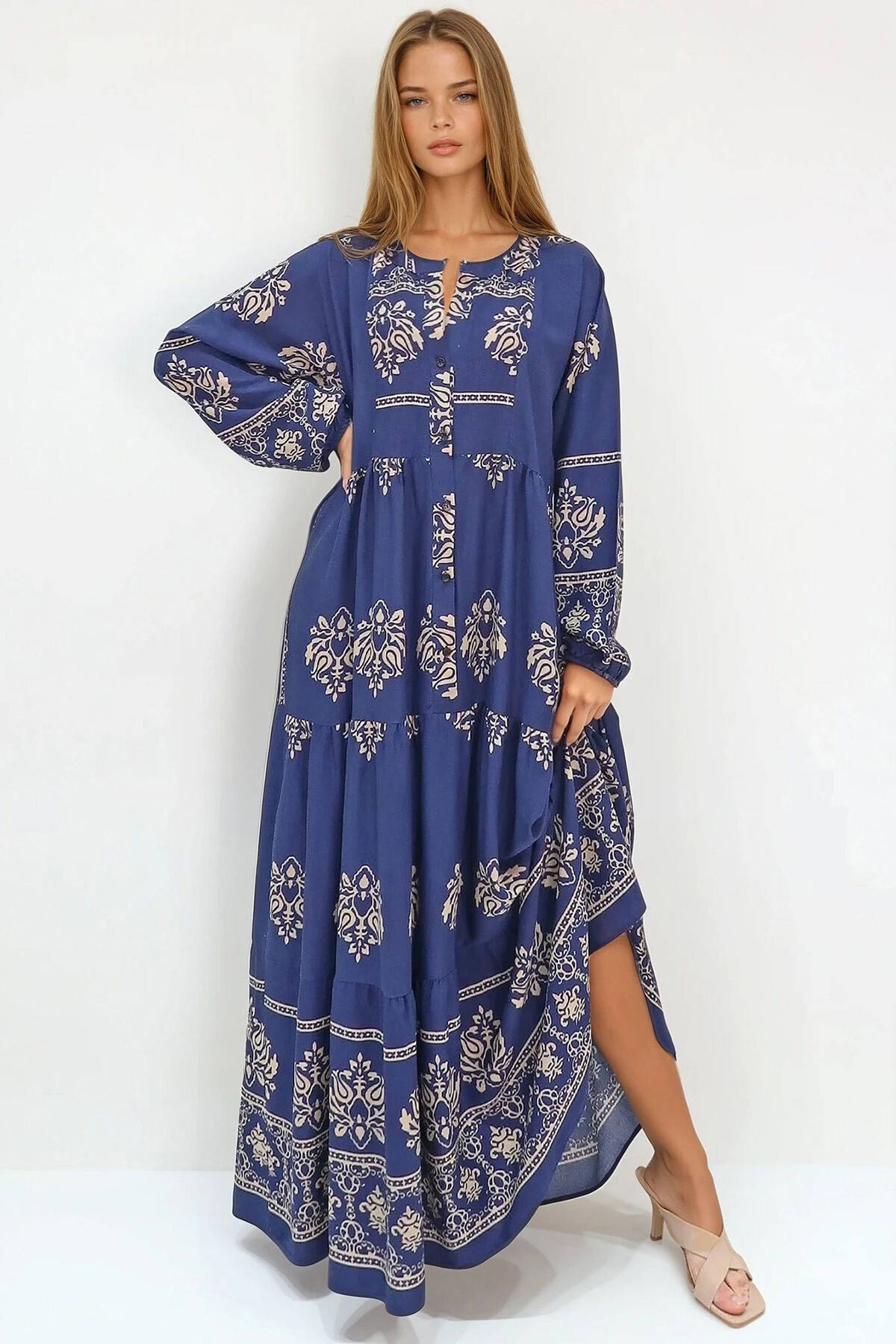 Lacivert Bej Hakim Yaka Şal Desenli Maxi Boy Elbise