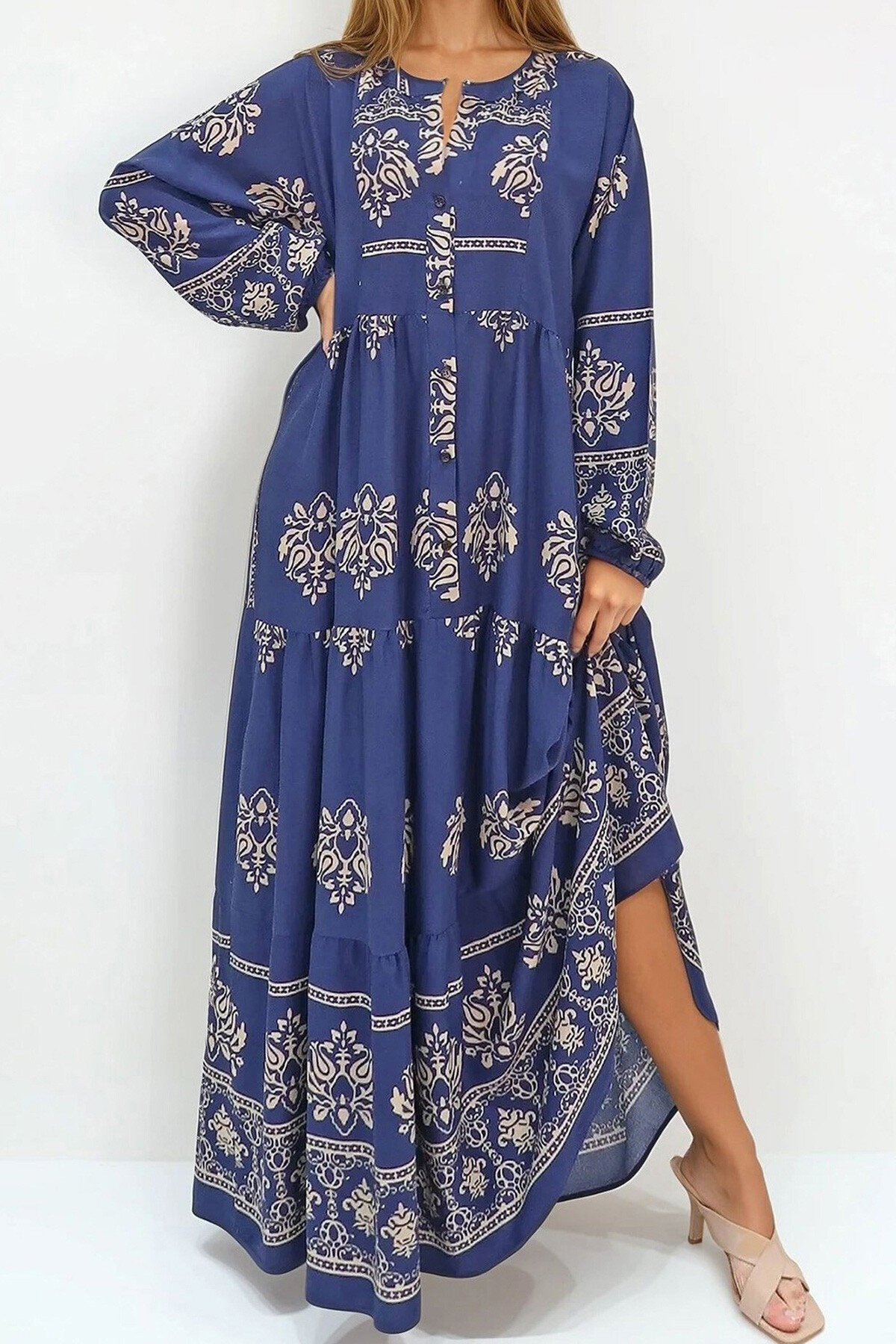 Lacivert Bej Hakim Yaka Şal Desenli Maxi Boy Elbise