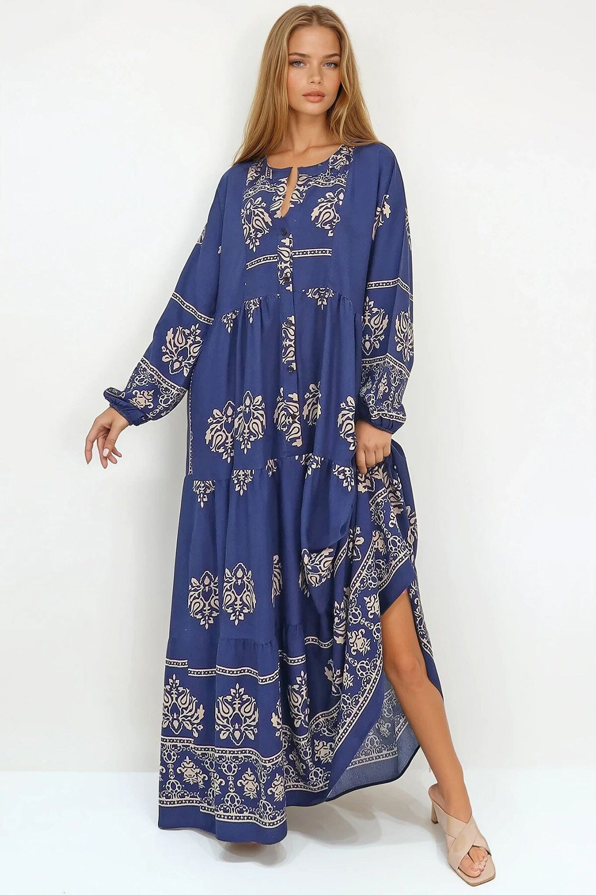 Lacivert Bej Hakim Yaka Şal Desenli Maxi Boy Elbise