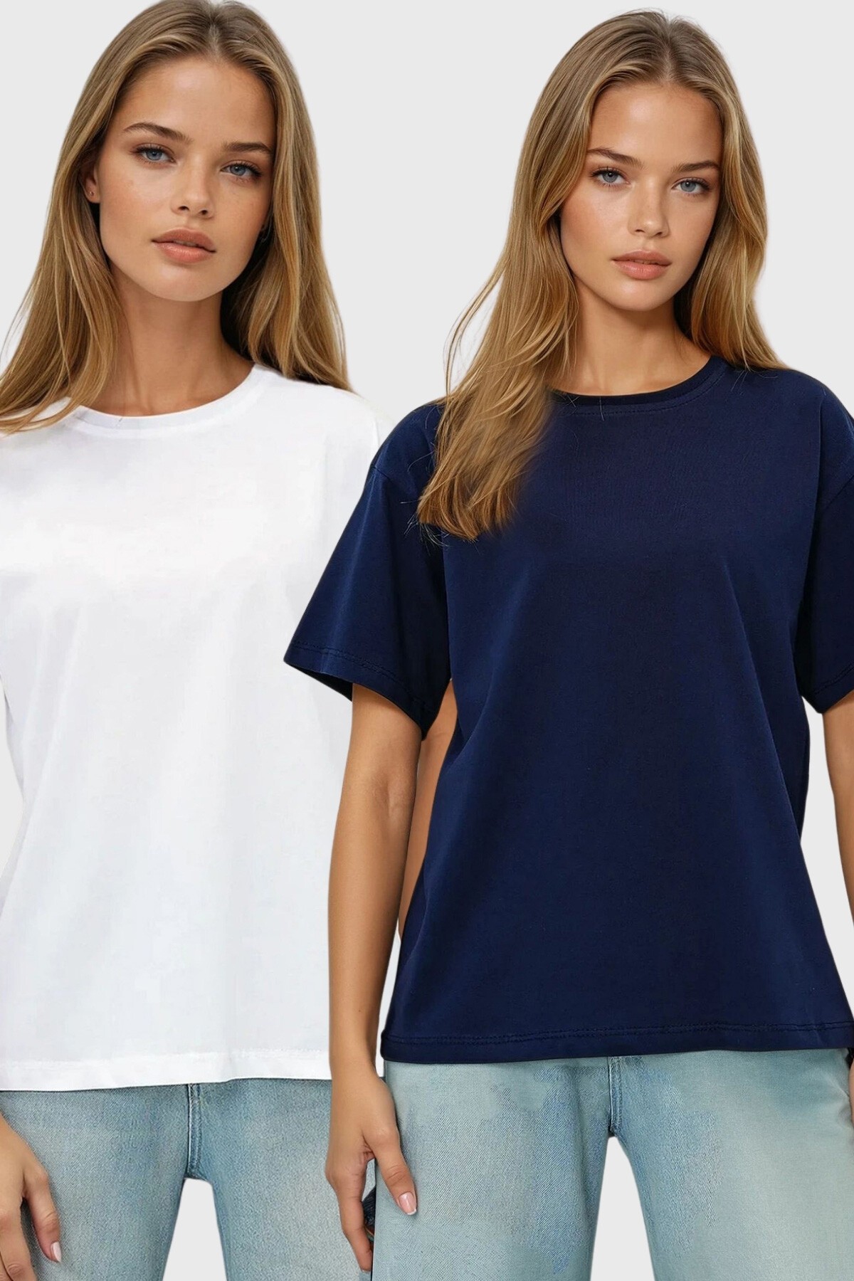 Lacivert Beyaz 2Li Paket Bisiklet Yaka Basic T Shırt