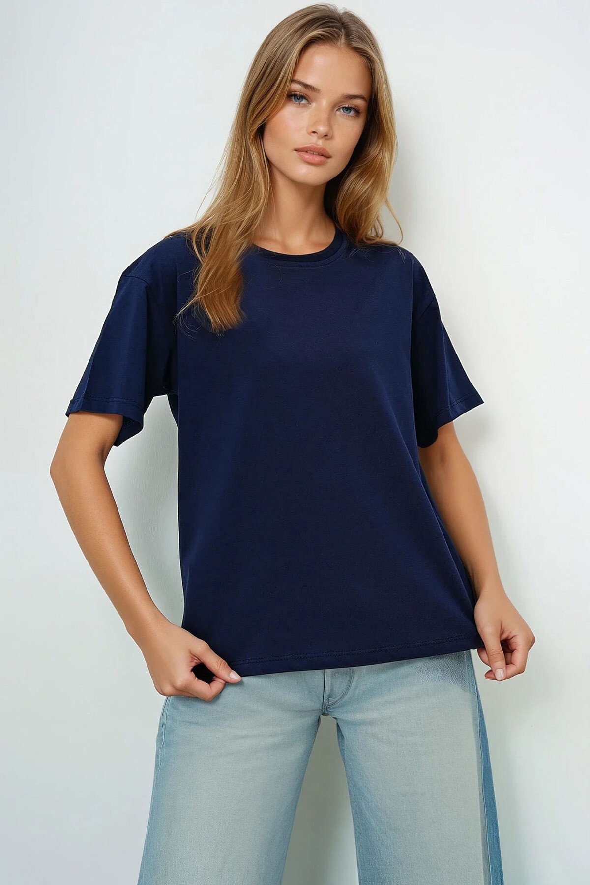 Lacivert Beyaz 2Li Paket Bisiklet Yaka Basic T Shırt