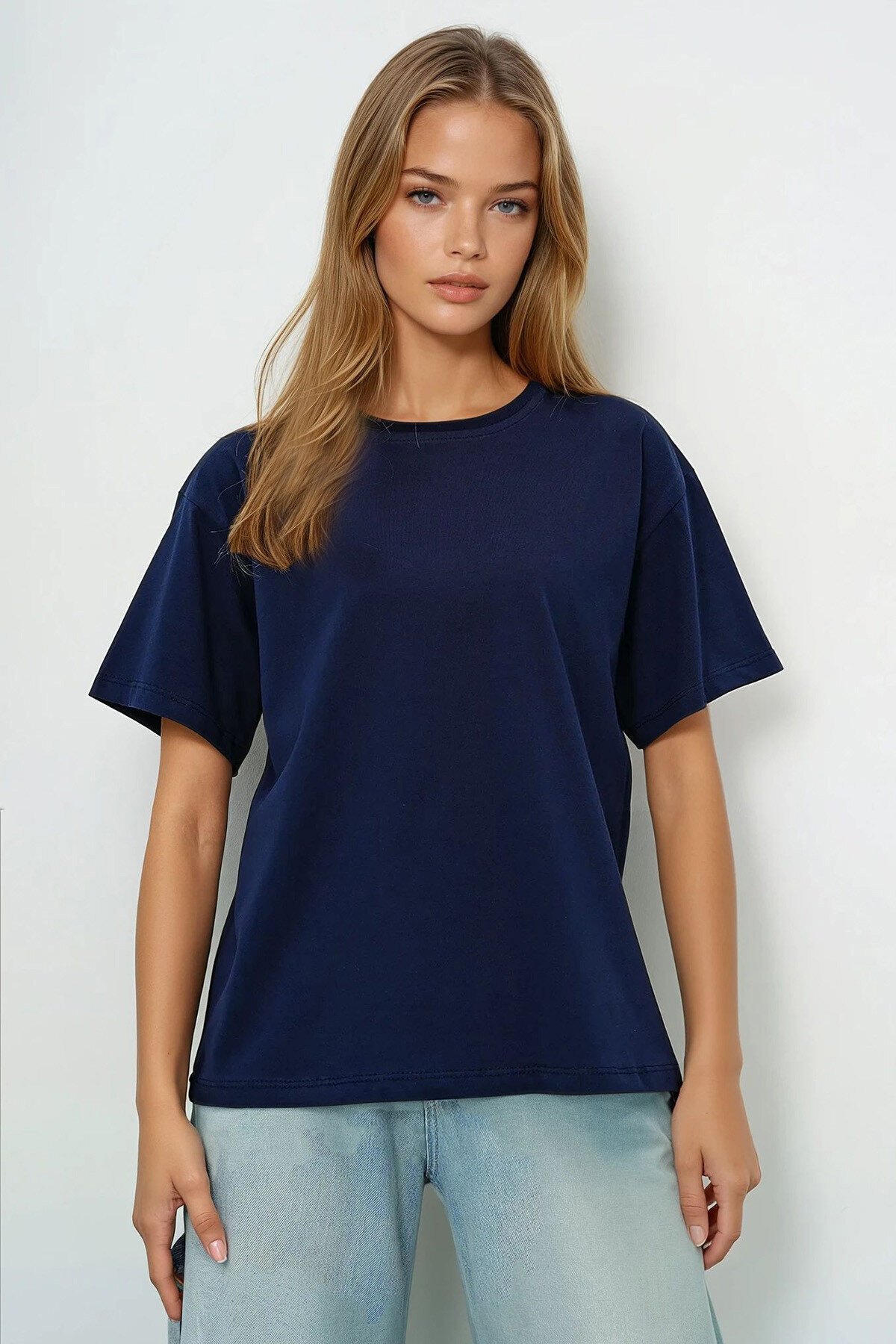 Lacivert Beyaz 2Li Paket Bisiklet Yaka Basic T Shırt