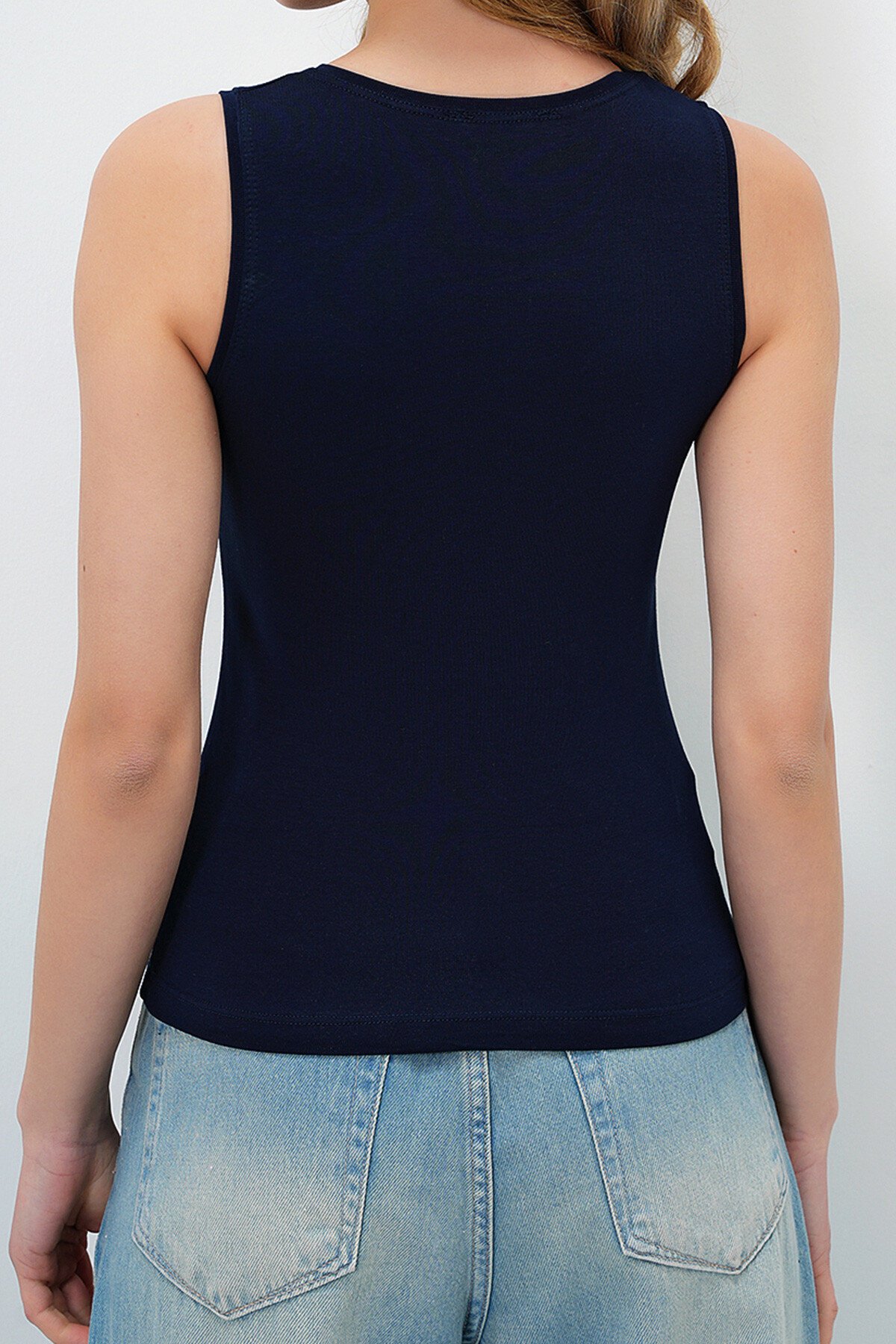 Lacivert Beyaz 2Li Paket Bisiklet Yaka Kolsuz Bluz