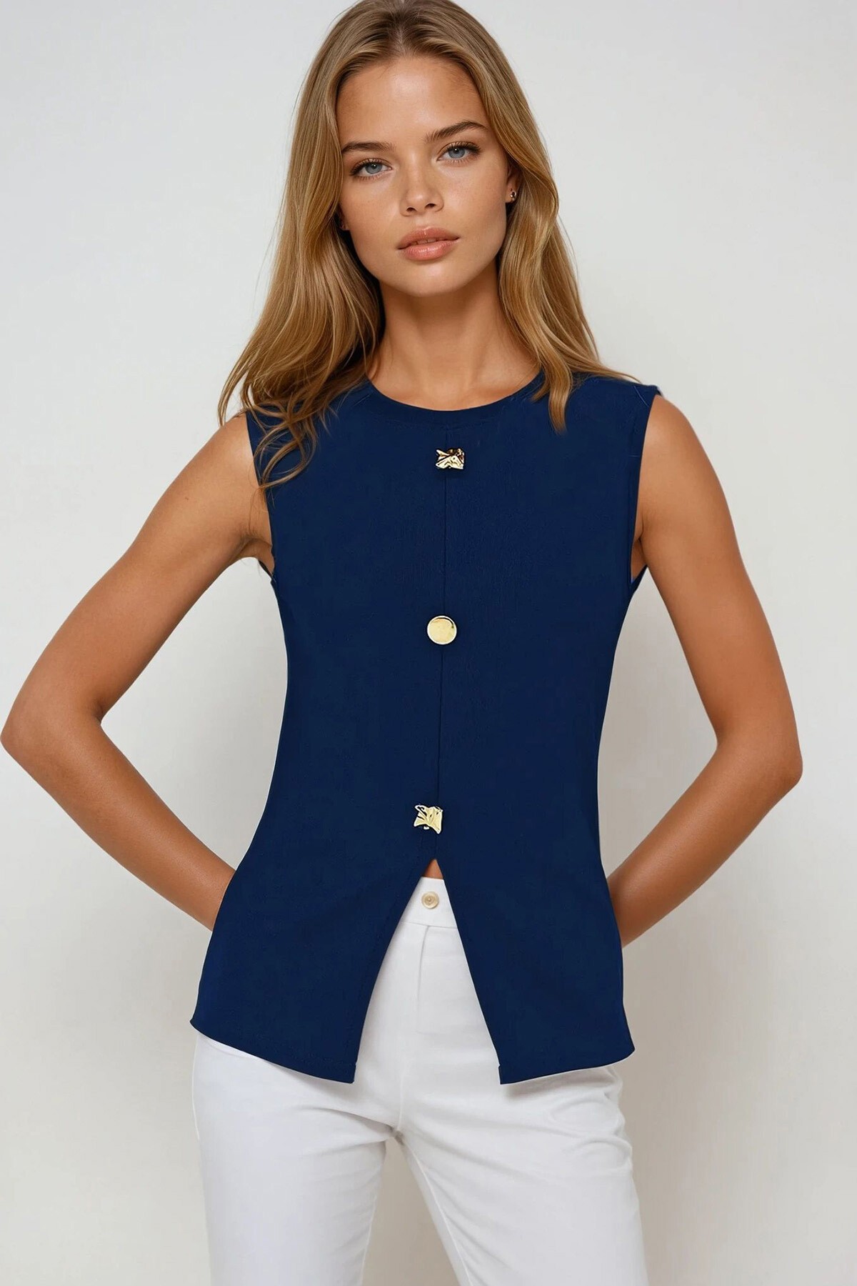 Lacivert Bisiklet Yaka Gold Düğmeli Ottoban Bluz