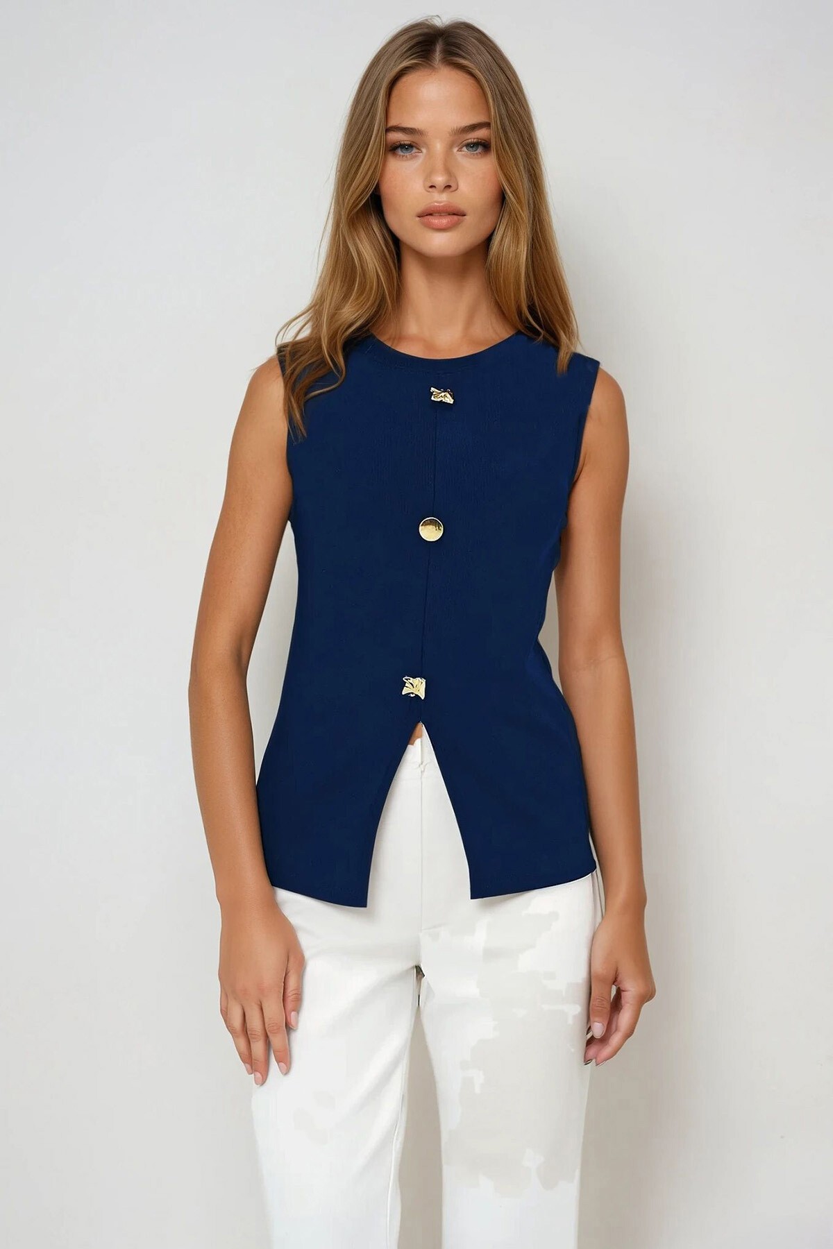 Lacivert Bisiklet Yaka Gold Düğmeli Ottoban Bluz