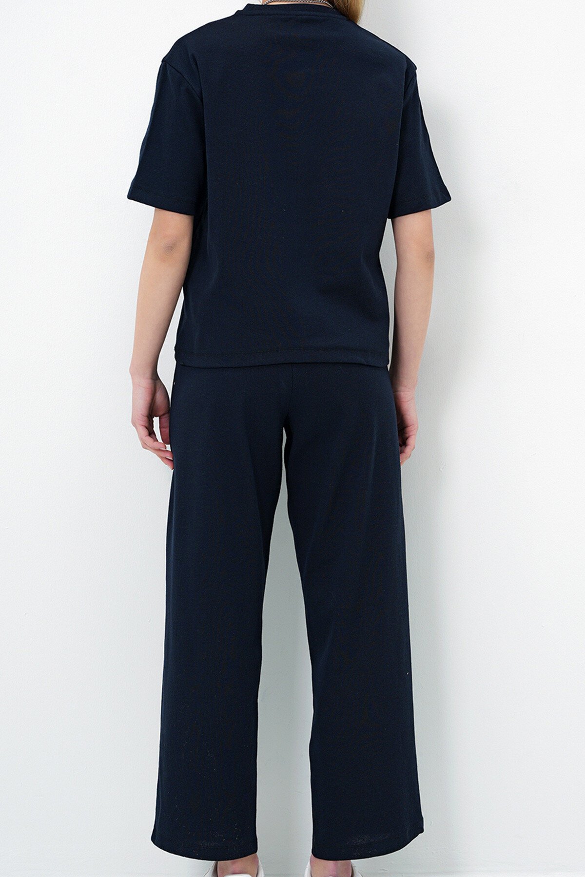 Lacivert Bisiklet Yaka Kısa Kol Örme Bluz Ve Palazzo Pantolon Takım