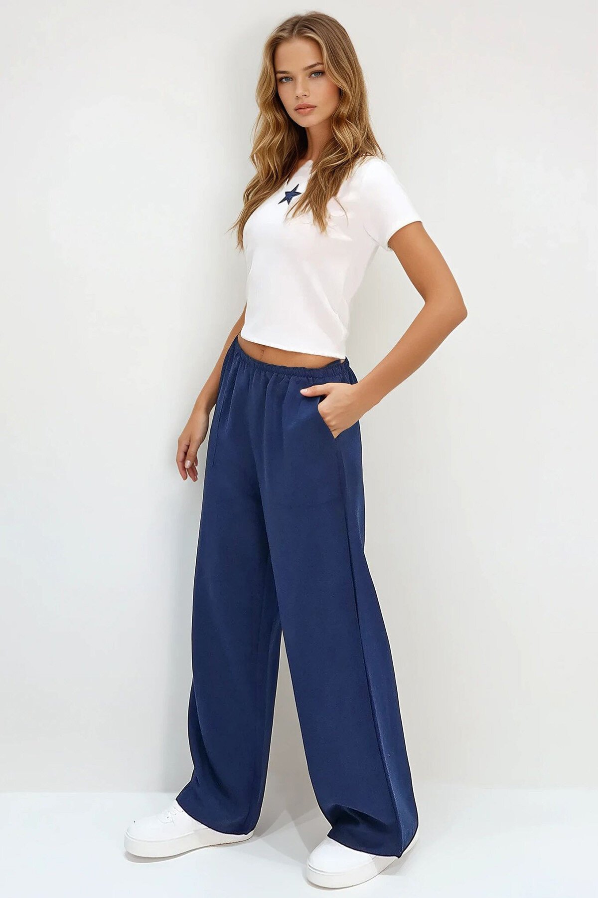Lacivert Çift Cepli Beli Lastikli Keten Geniş Paça Pantolon
