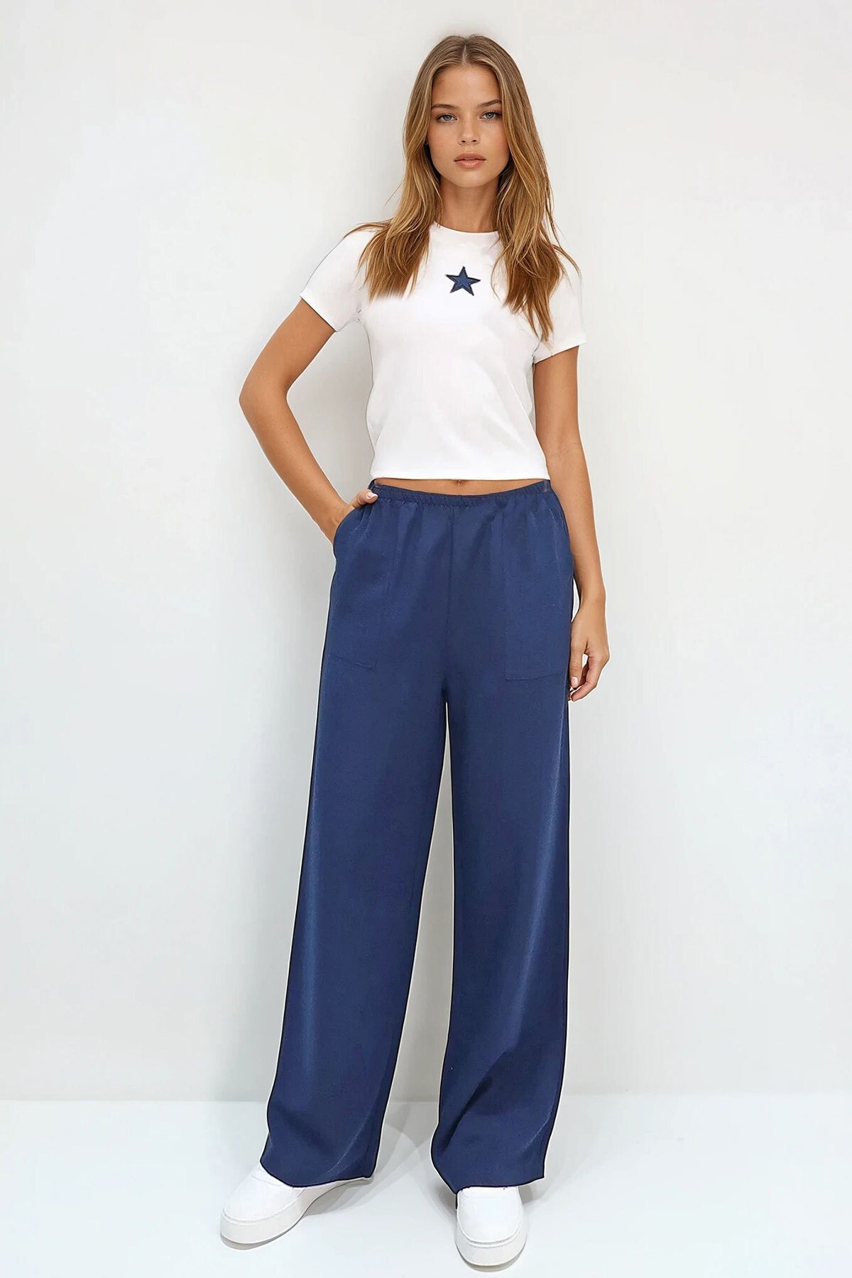 Lacivert Çift Cepli Beli Lastikli Keten Geniş Paça Pantolon