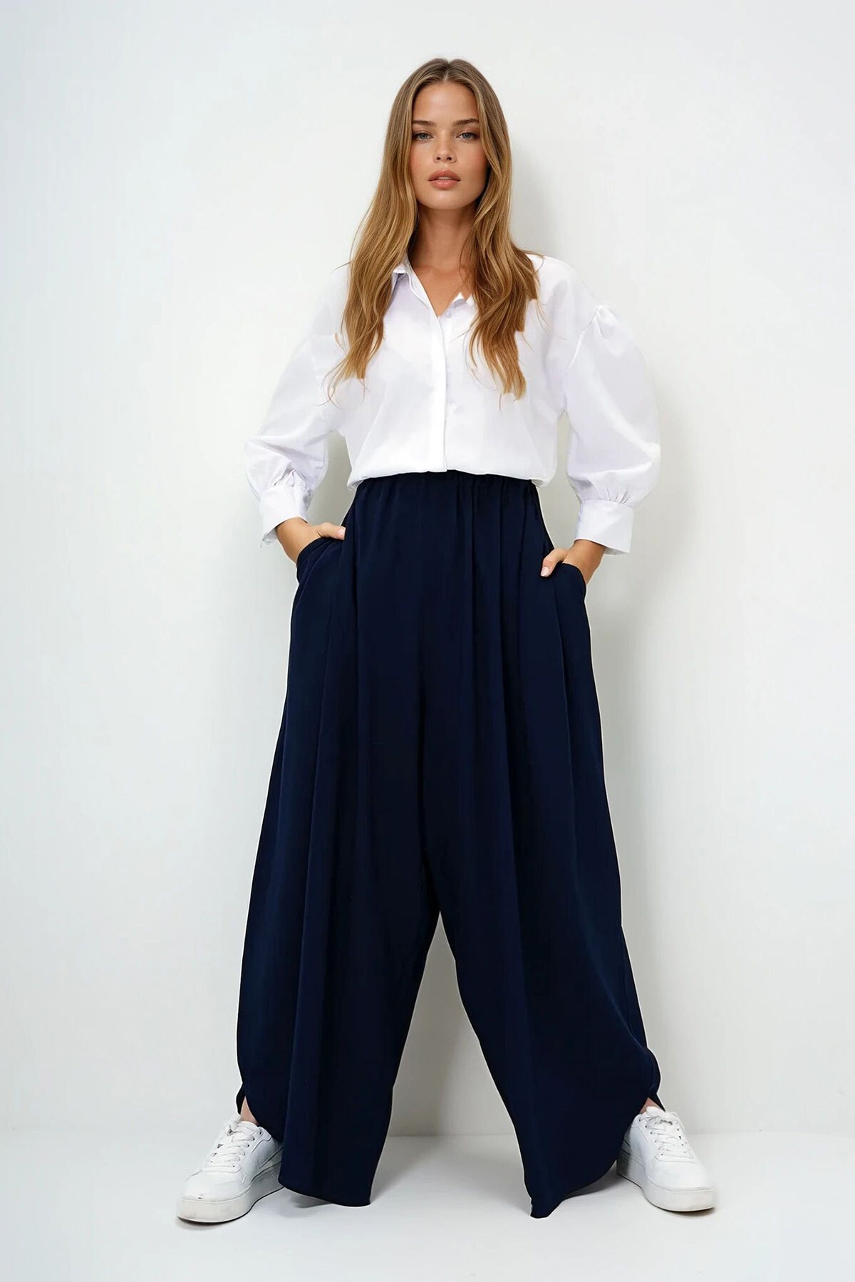 Lacivert Çift Cepli Dökümlü Bol Kesim Dokuma Pantolon