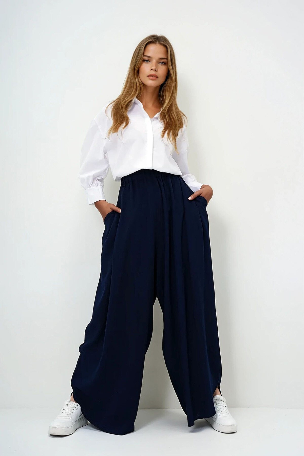 Lacivert Çift Cepli Dökümlü Bol Kesim Dokuma Pantolon