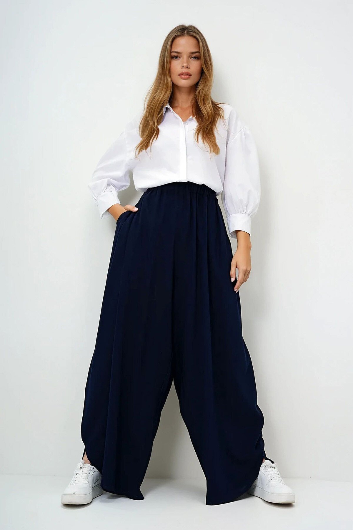 Lacivert Çift Cepli Dökümlü Bol Kesim Dokuma Pantolon