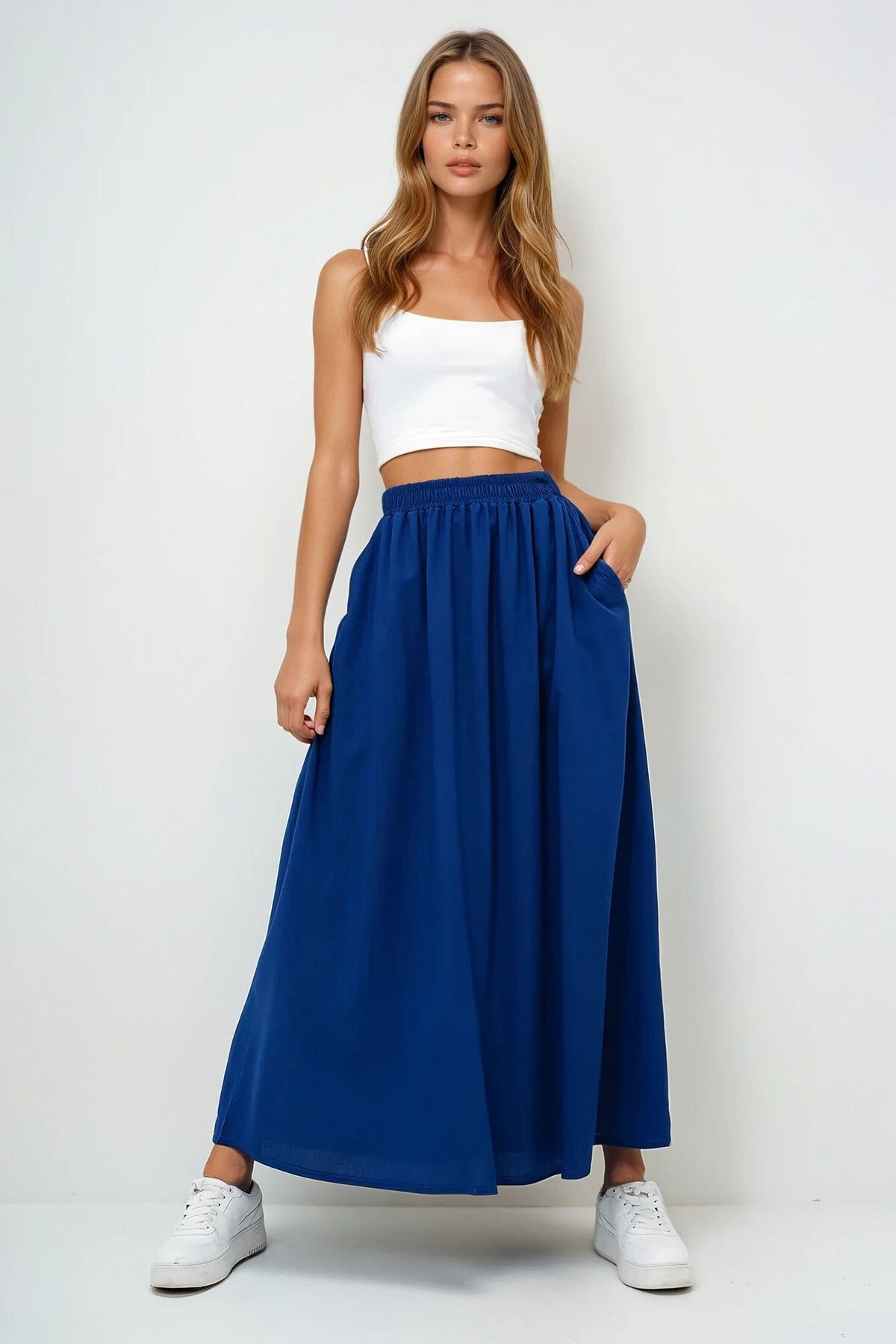 Lacivert Çift Cepli Kloş Dokuma Etek