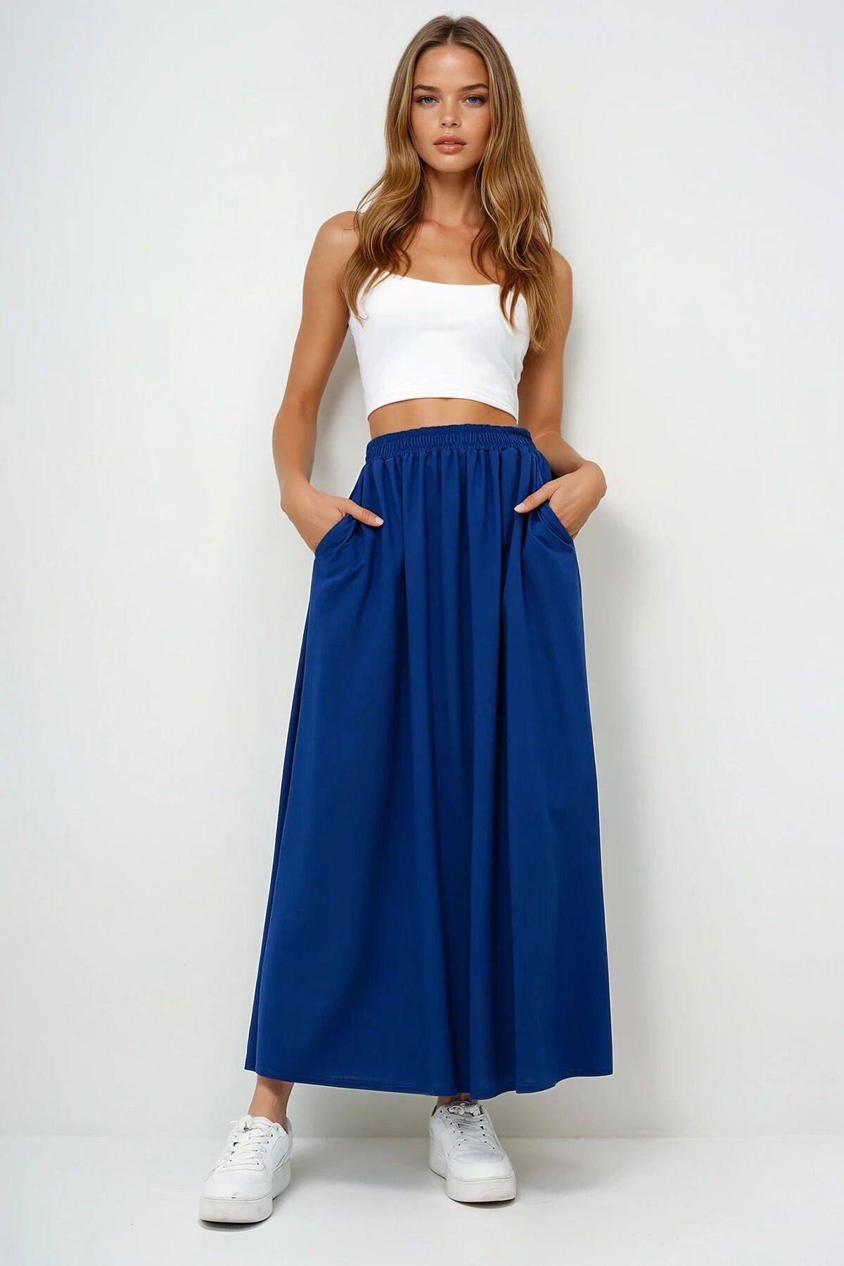 Lacivert Çift Cepli Kloş Dokuma Etek