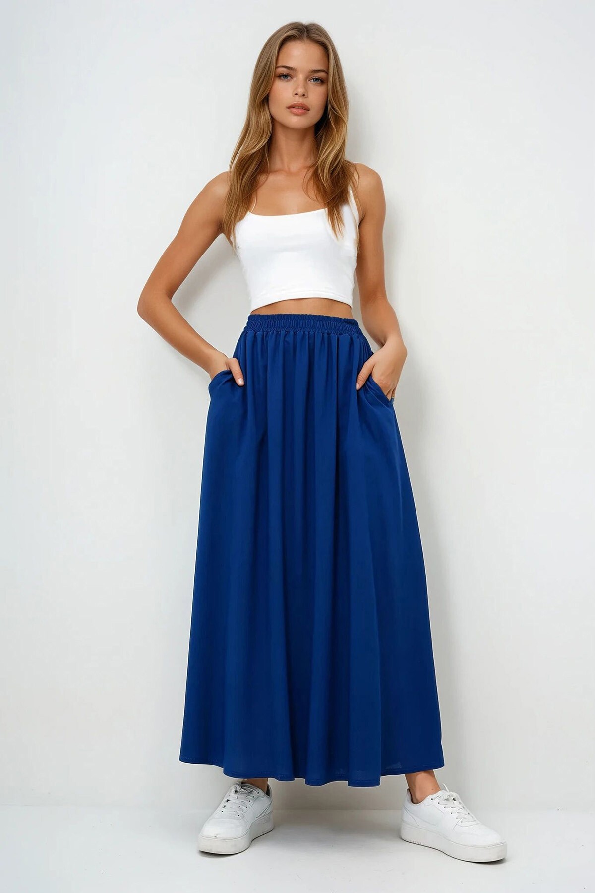 Lacivert Çift Cepli Kloş Dokuma Etek