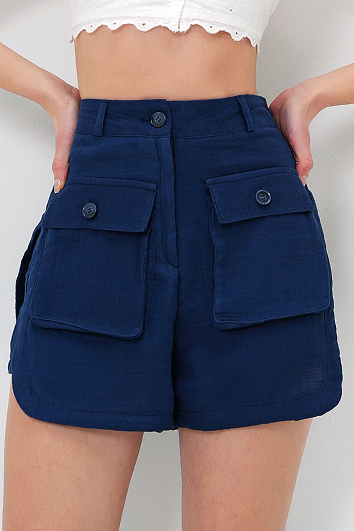 Lacivert Çift Cepli Pamuklu Keten Şort Etek