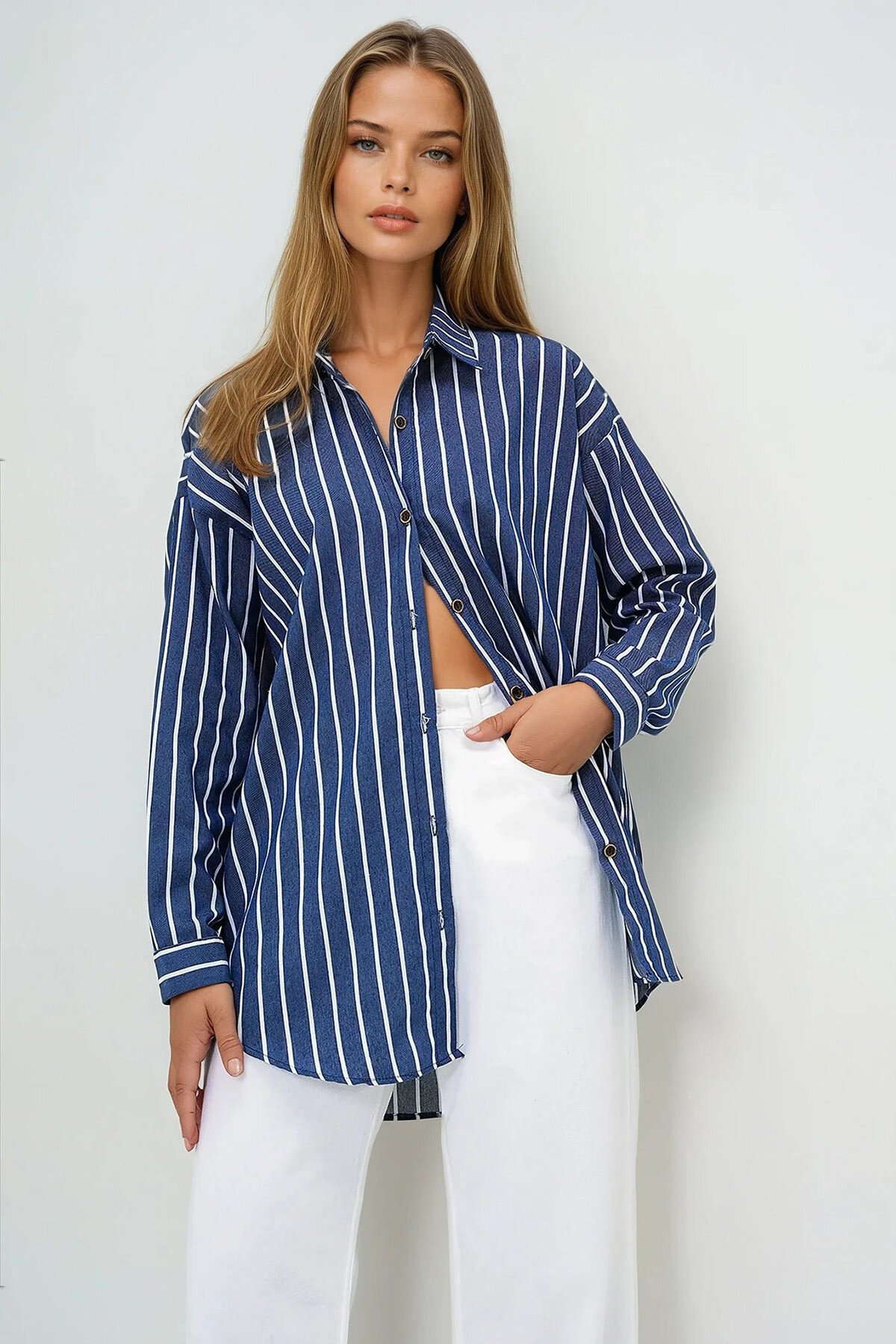 Lacivert Çizgili Oversize Keten Gömlek