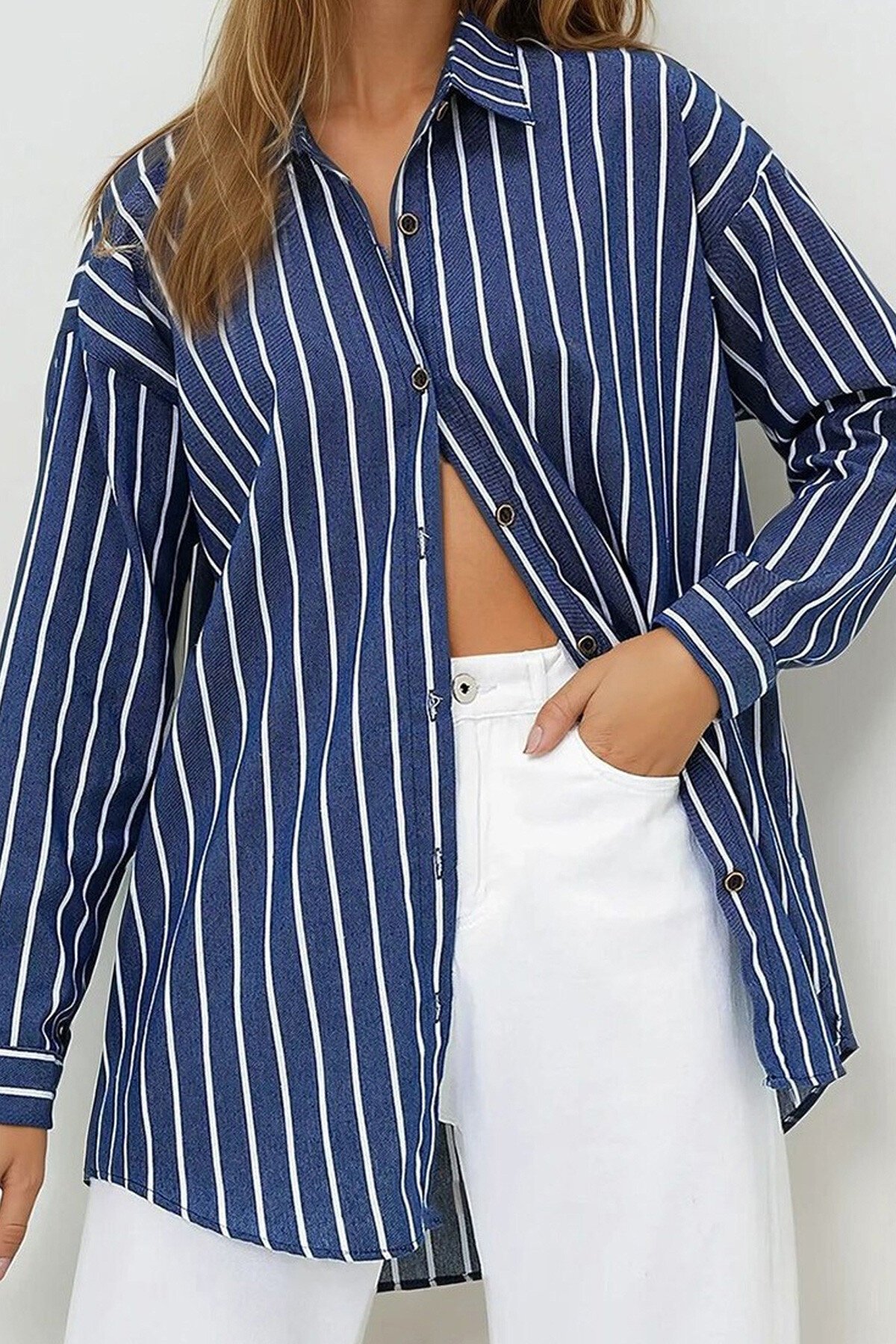 Lacivert Çizgili Oversize Keten Gömlek