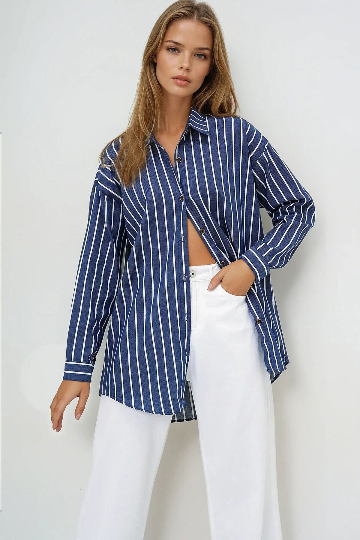 Lacivert Çizgili Oversize Keten Gömlek