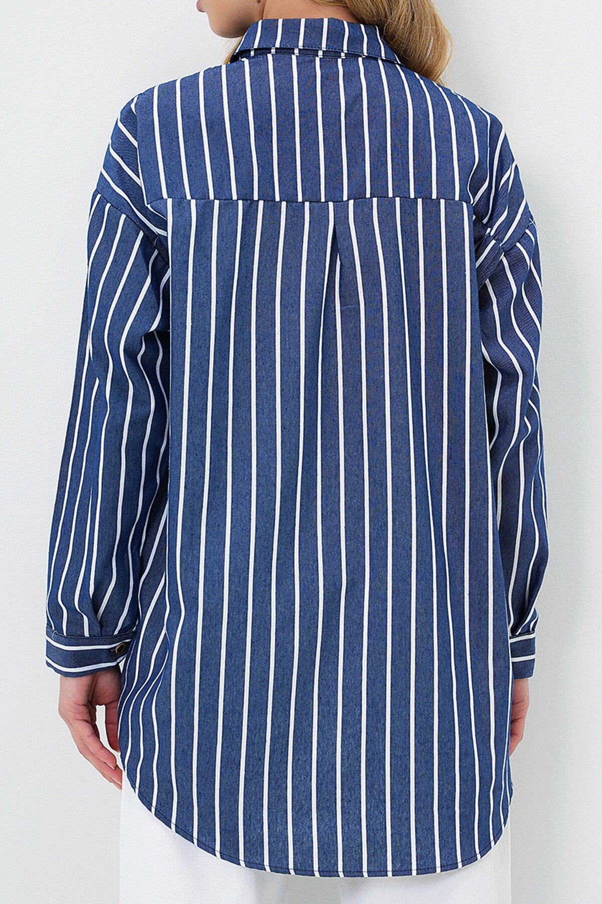 Lacivert Çizgili Oversize Keten Gömlek