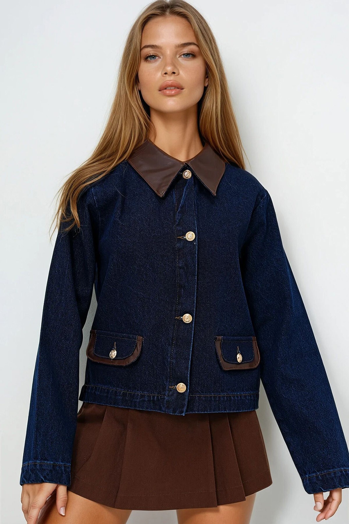 Lacivert Deri Detaylı Crop Jean Ceket