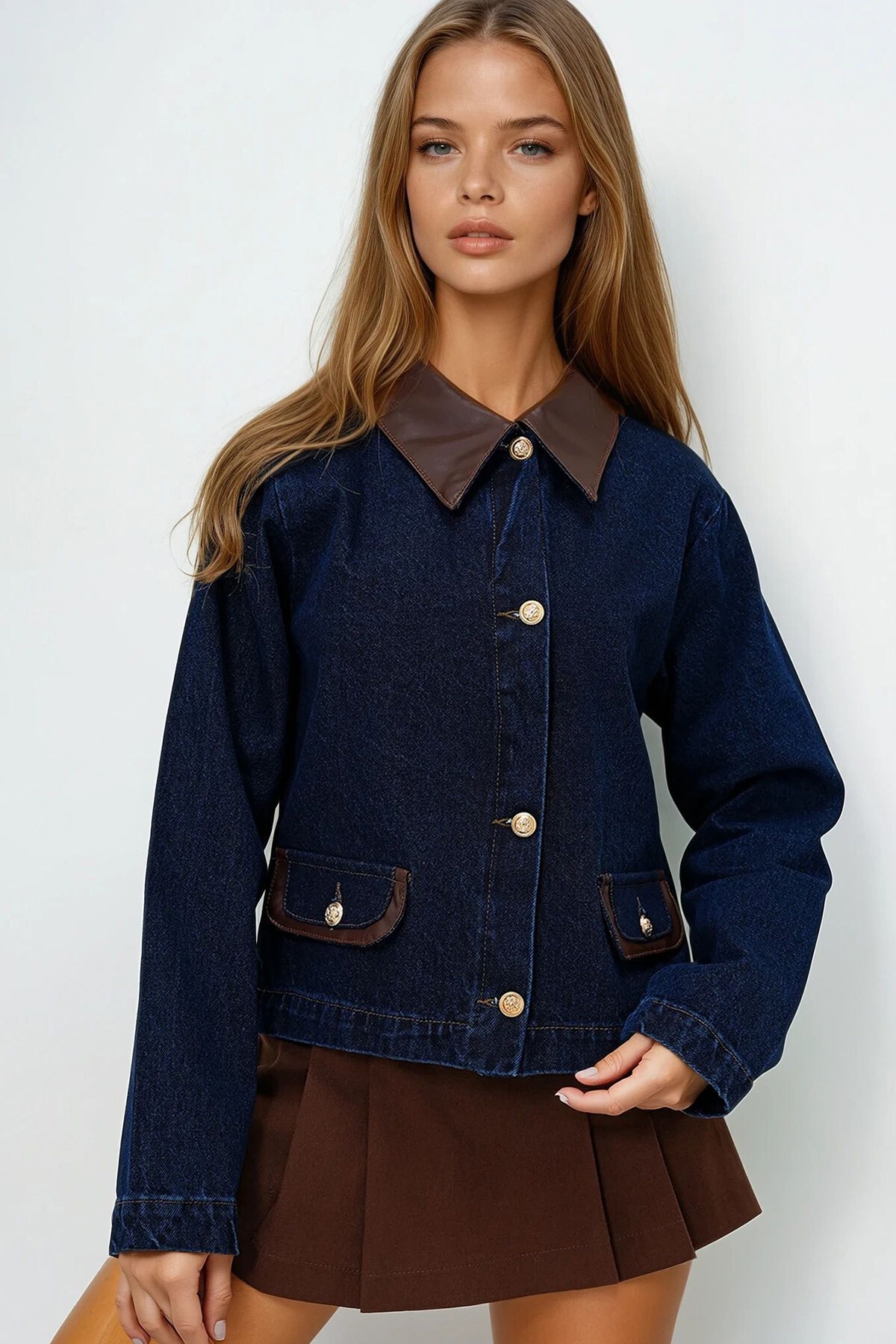 Lacivert Deri Detaylı Crop Jean Ceket