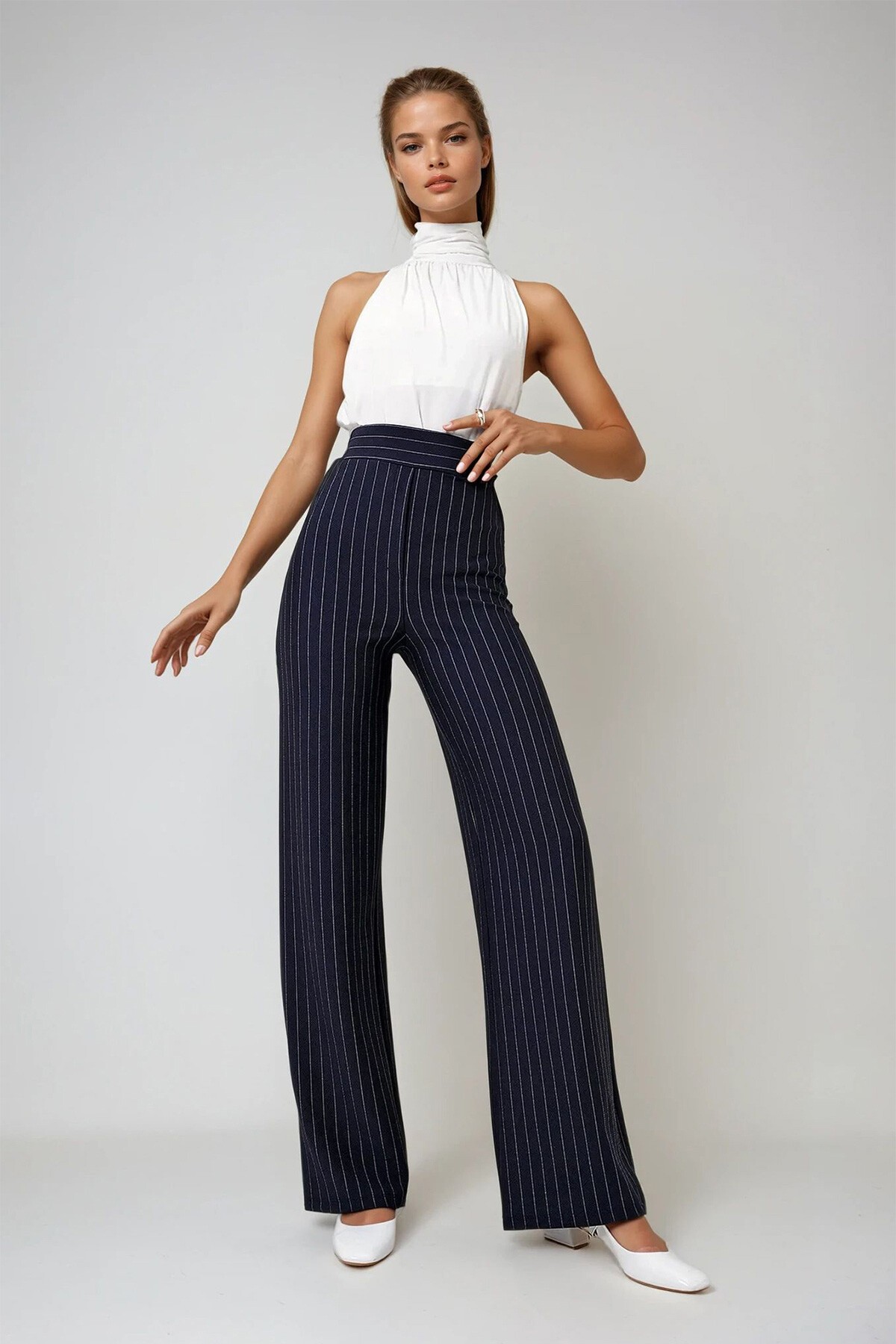 Lacivert Elastik Bel Çizgili Geniş Paça Örme Pantolon