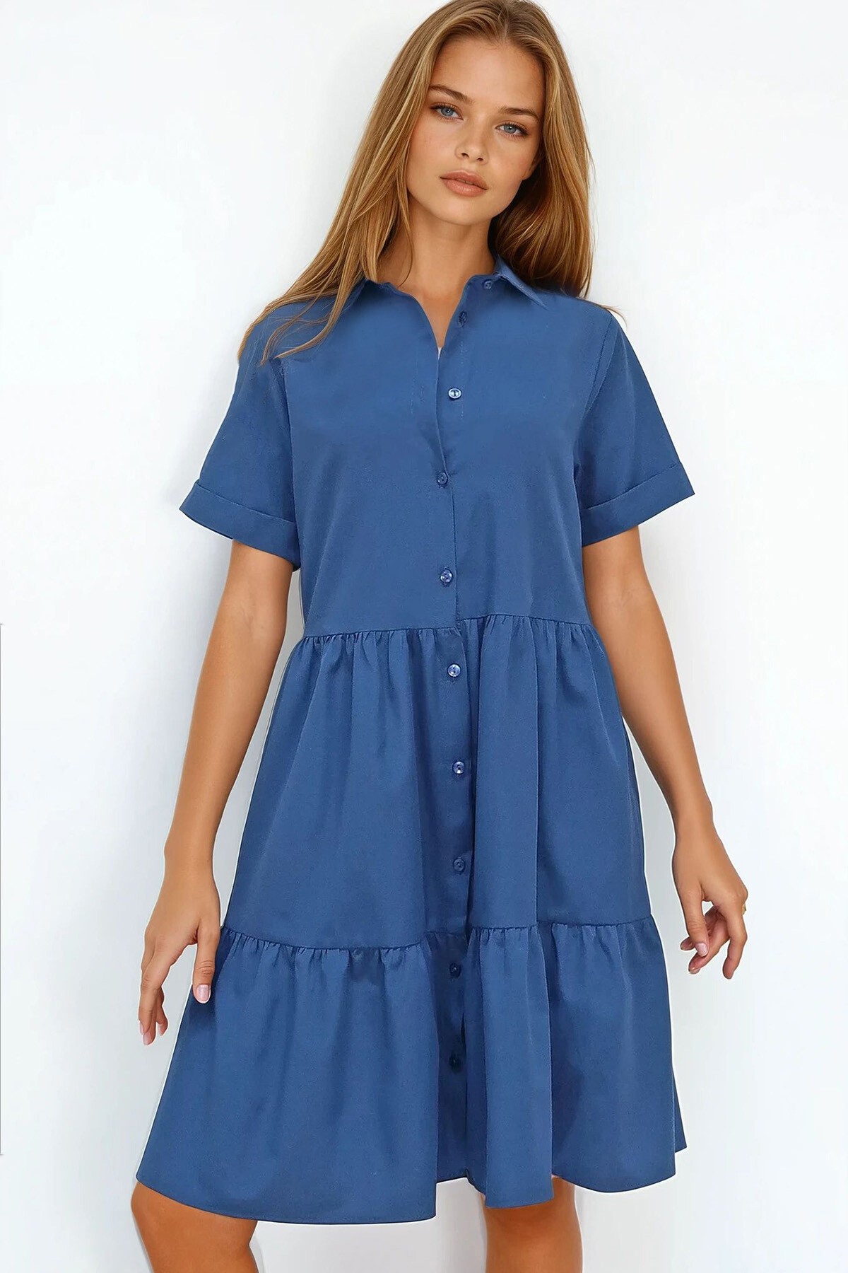 Lacivert Gömlek Yaka Kat Kat Volanlı Düğmeli Poplin Elbise