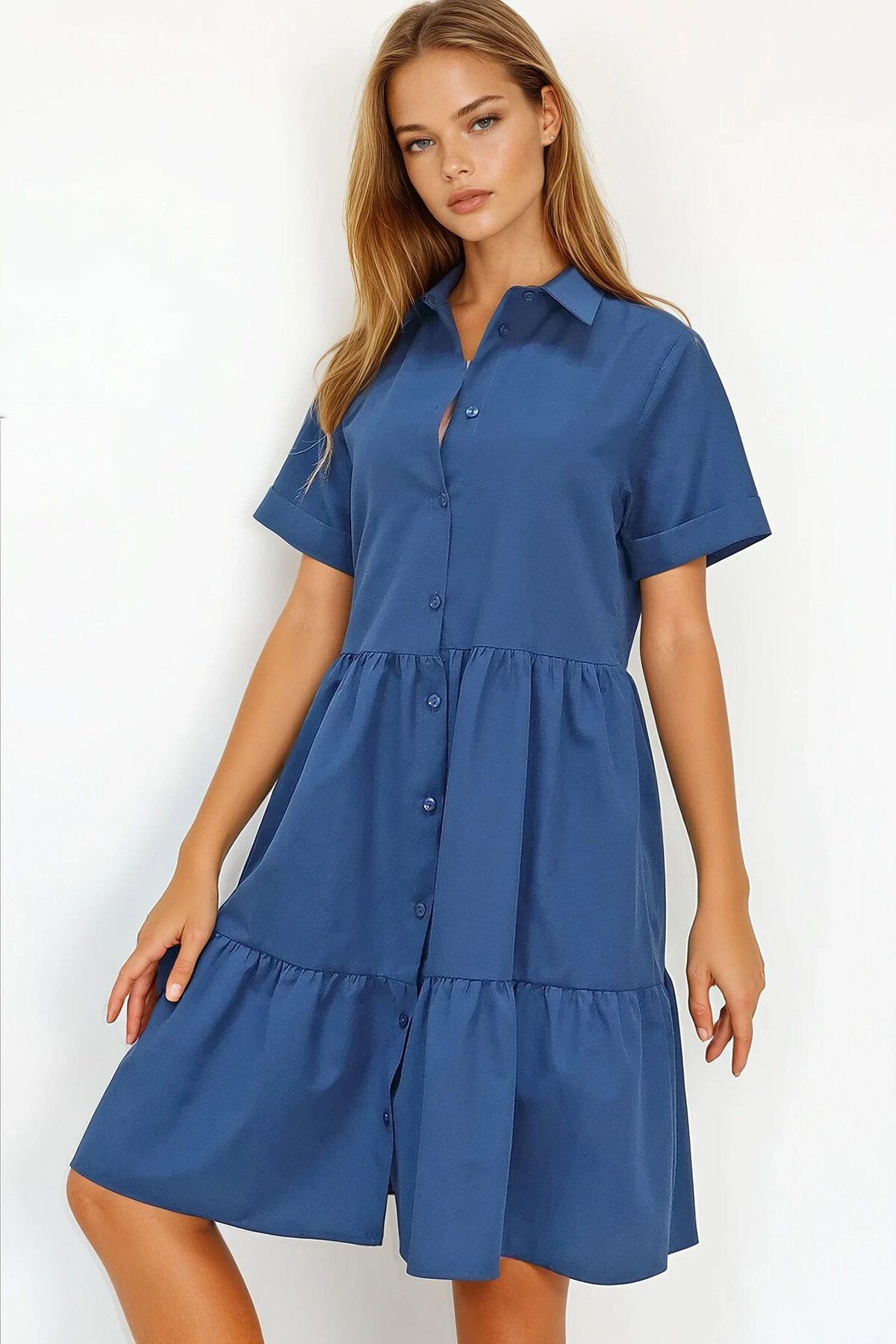 Lacivert Gömlek Yaka Kat Kat Volanlı Düğmeli Poplin Elbise