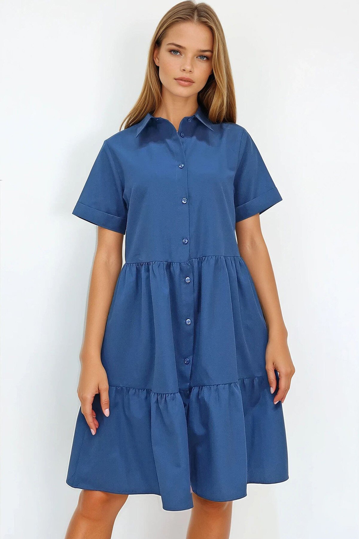 Lacivert Gömlek Yaka Kat Kat Volanlı Düğmeli Poplin Elbise