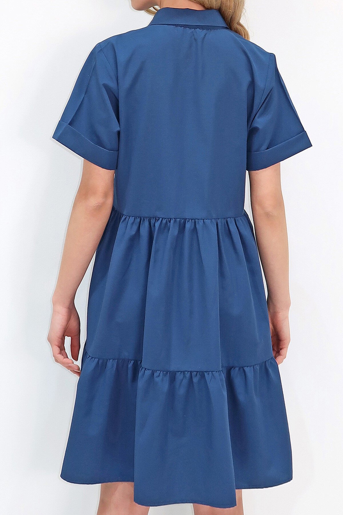 Lacivert Gömlek Yaka Kat Kat Volanlı Düğmeli Poplin Elbise