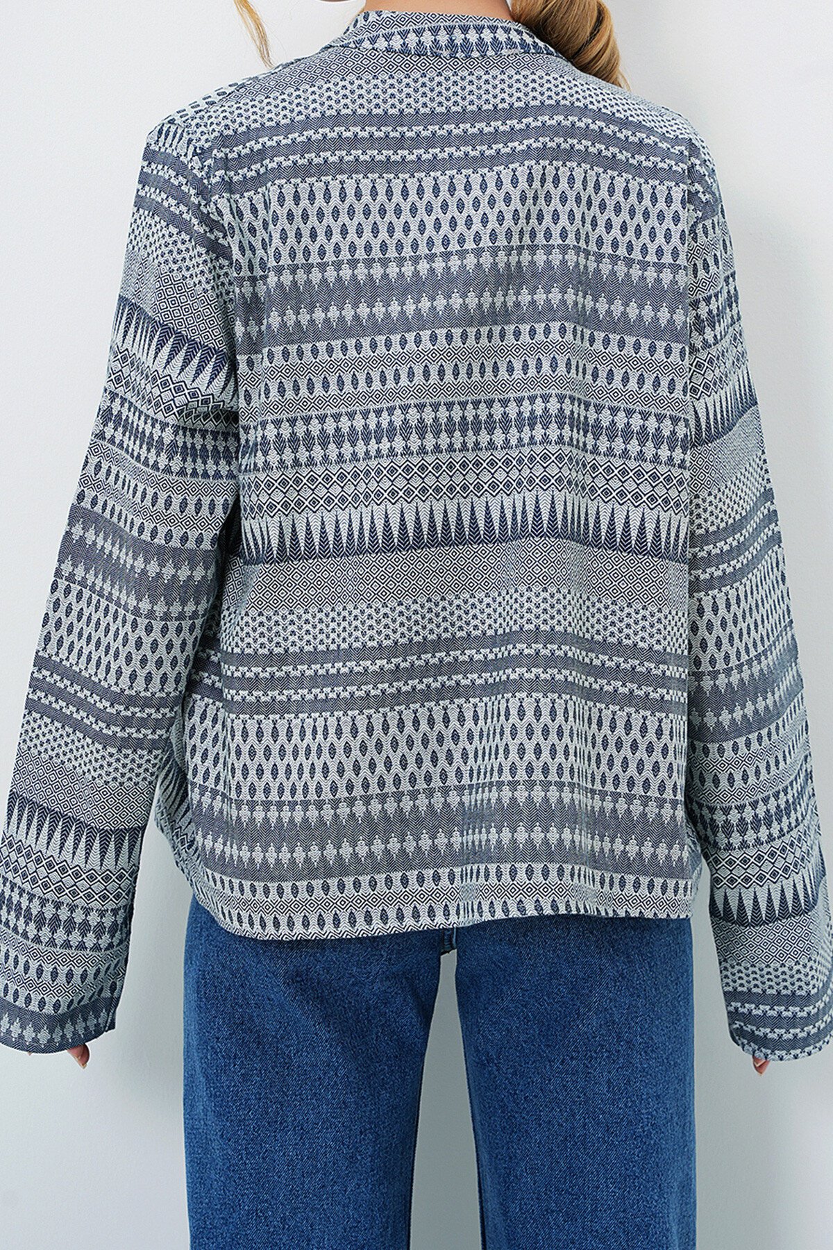 Lacivert Hakim Yaka Etnik Desenli Ceket