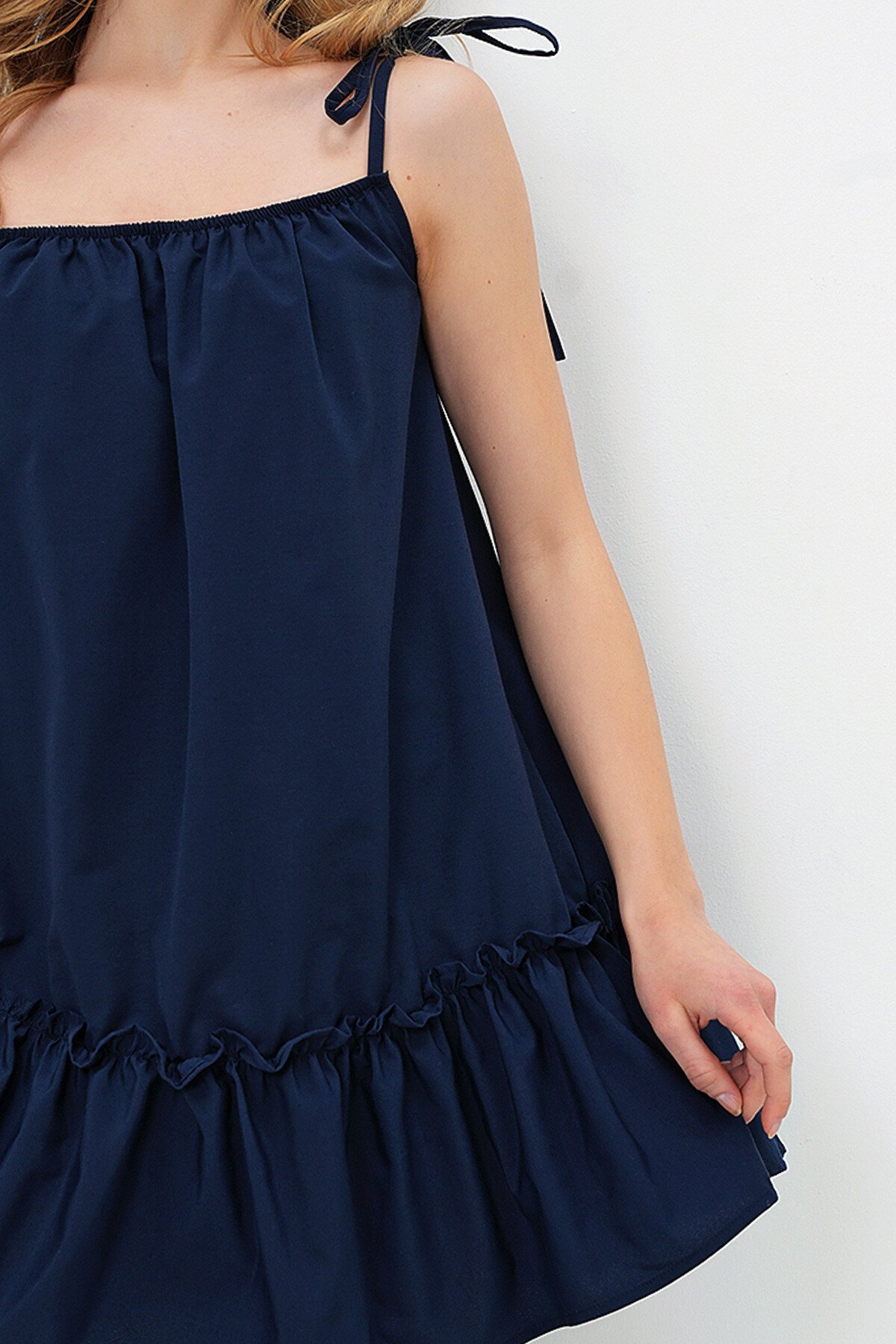 Lacivert İp Askılı Eteği Volanlı Terry Cotton Keten Elbise
