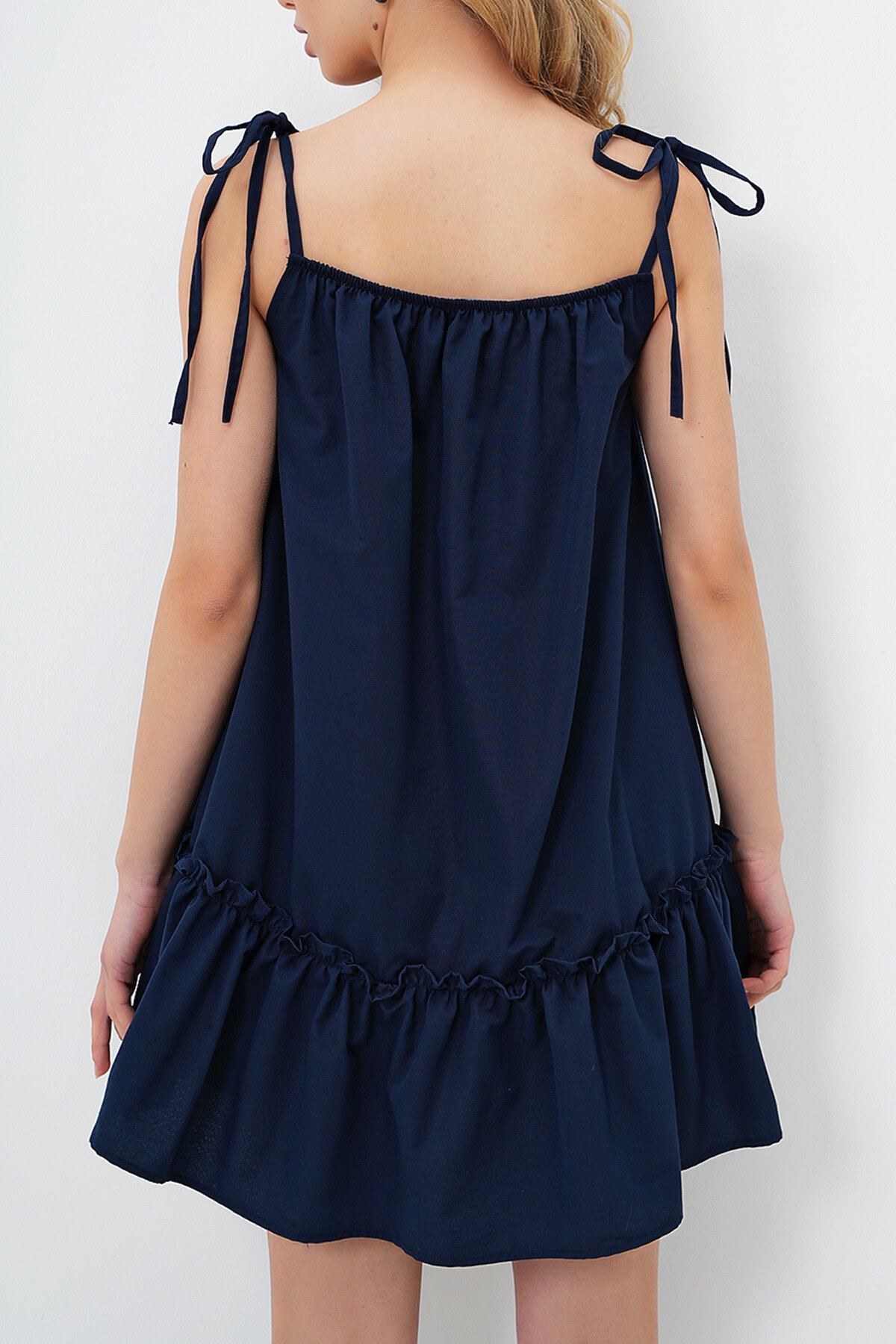 Lacivert İp Askılı Eteği Volanlı Terry Cotton Keten Elbise