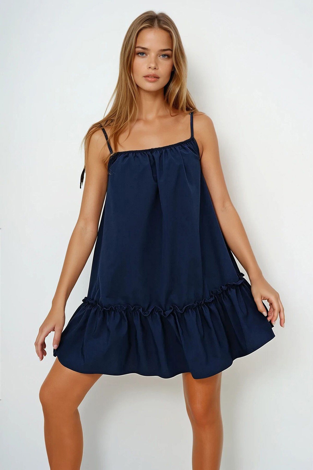 Lacivert İp Askılı Eteği Volanlı Terry Cotton Keten Elbise