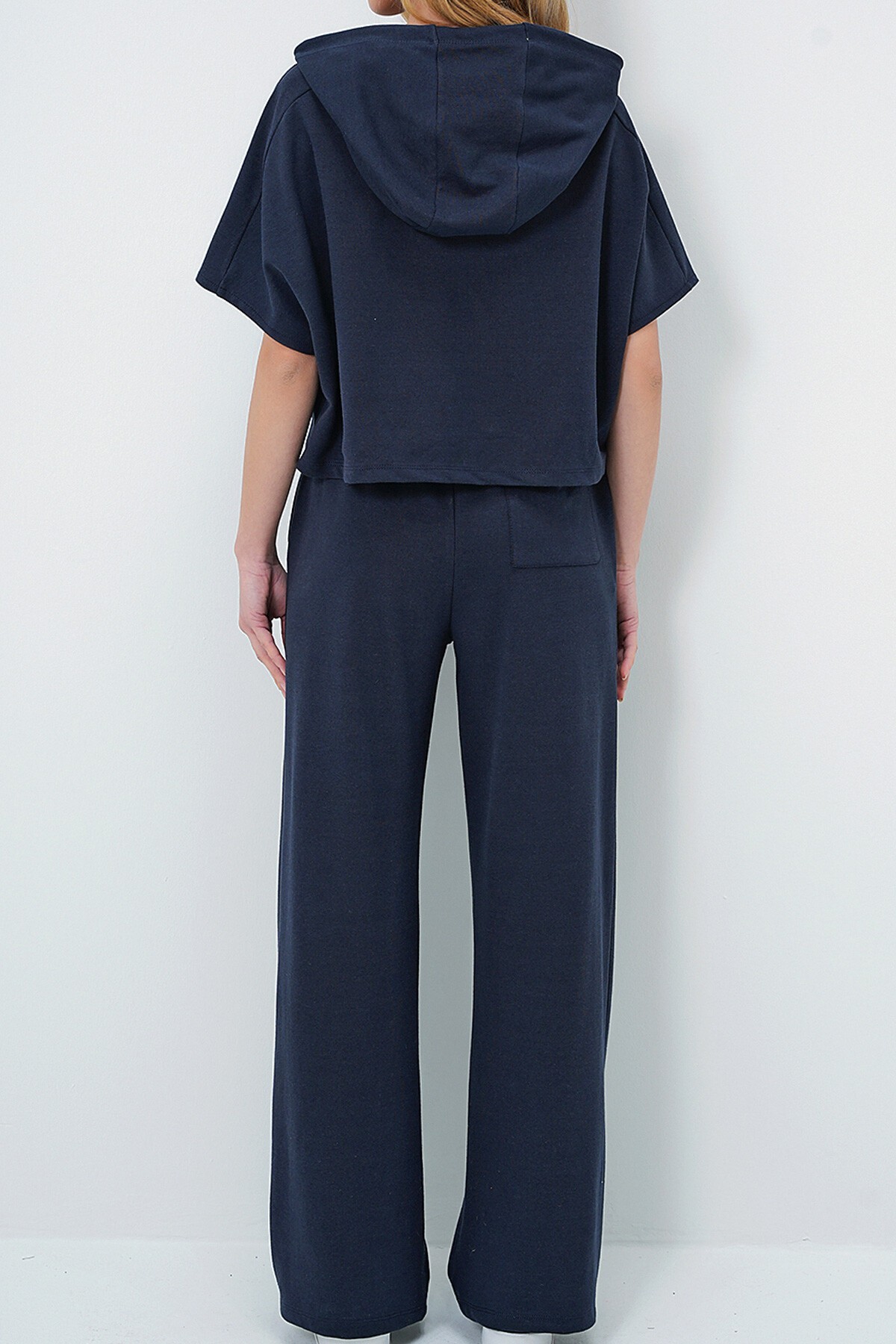 Lacivert Kapüşonlu Oversize Crop Ve Çift Cepli Pantolon Takım