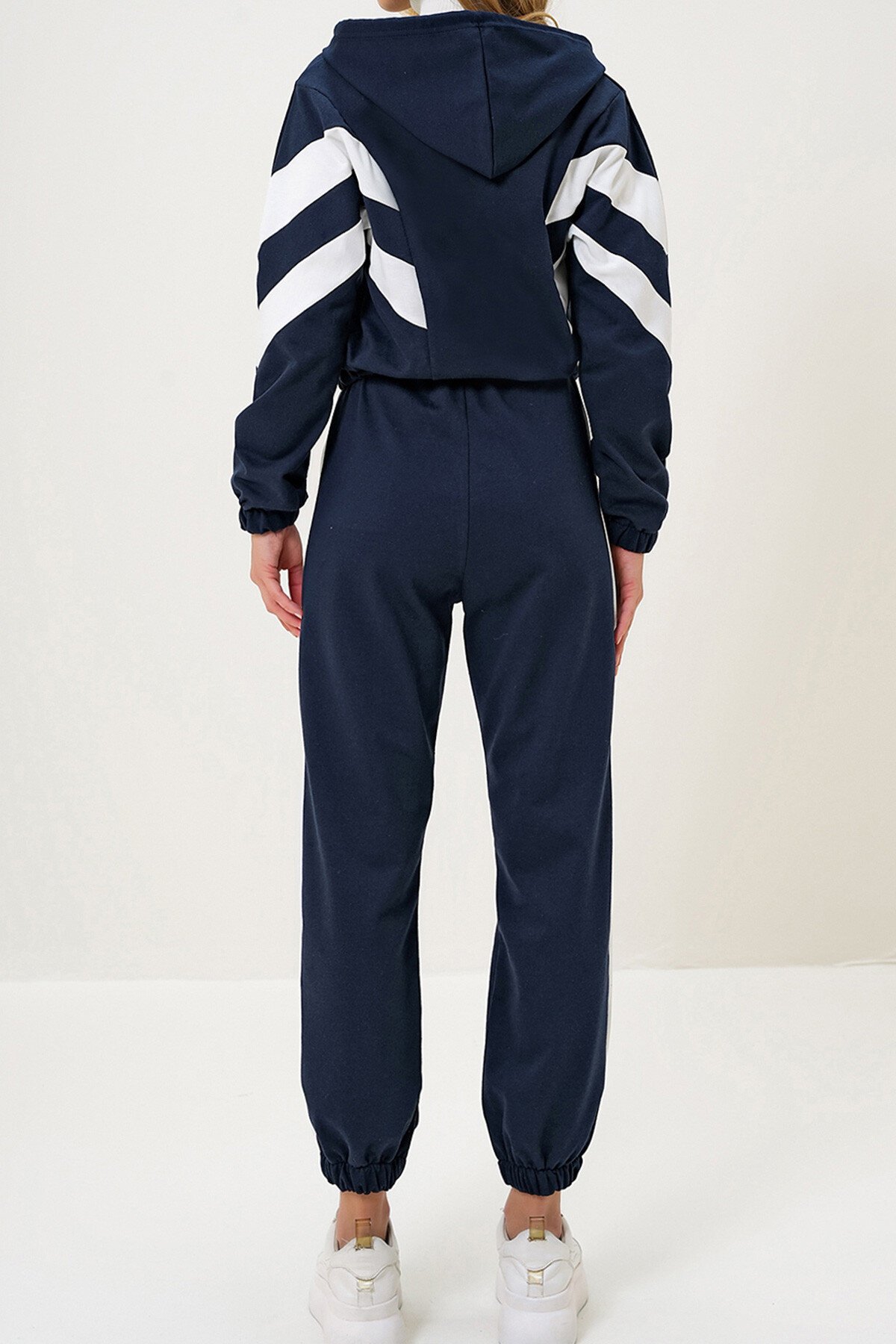Lacivert Kapüşonlu Renk Bloklu Yarım Fermuarlı İki İplik  Sweatshırt Ve Eşofman Takımı