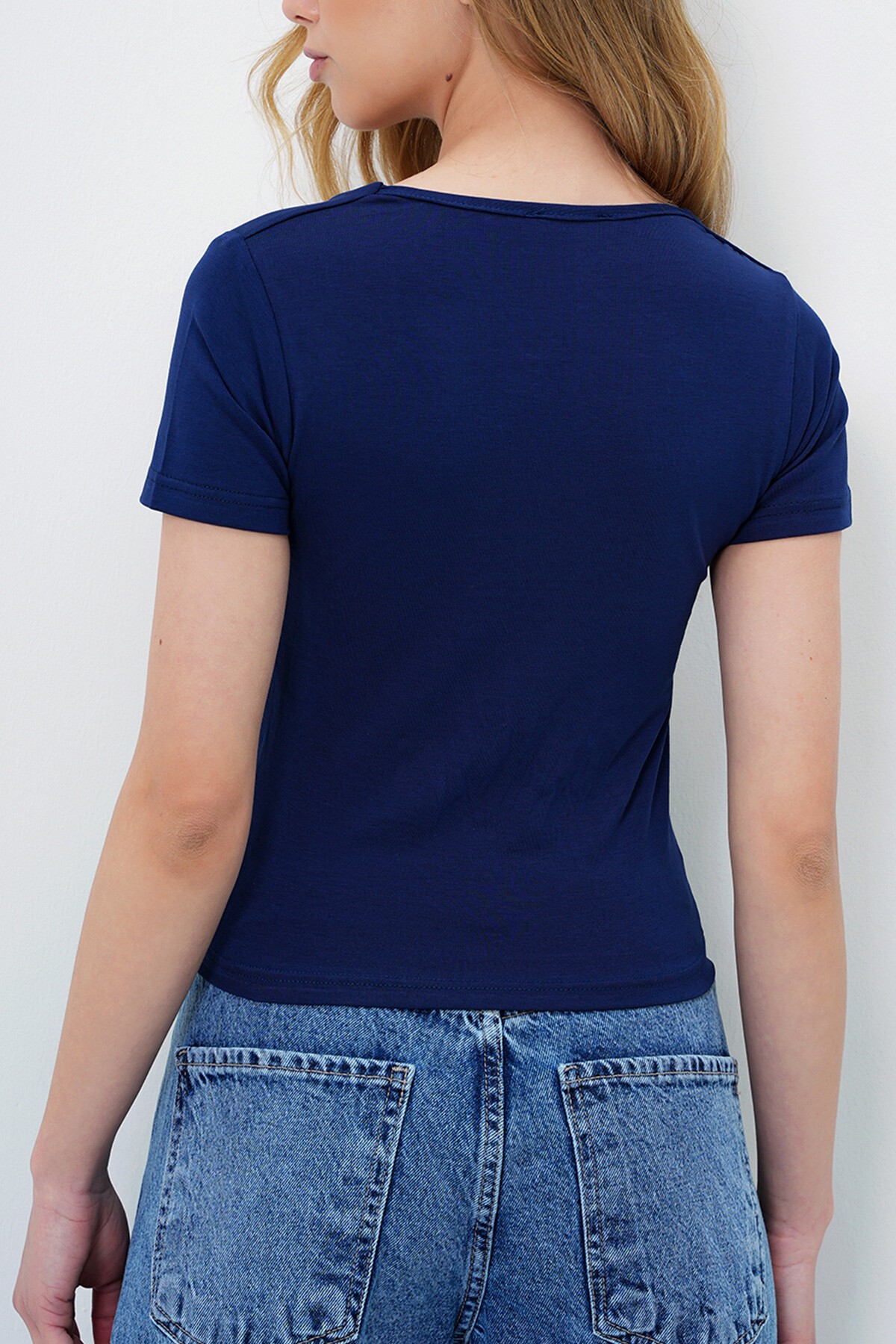 Lacivert Kare Yaka Likralı Tulumlu Double Kumaş Crop Bluz