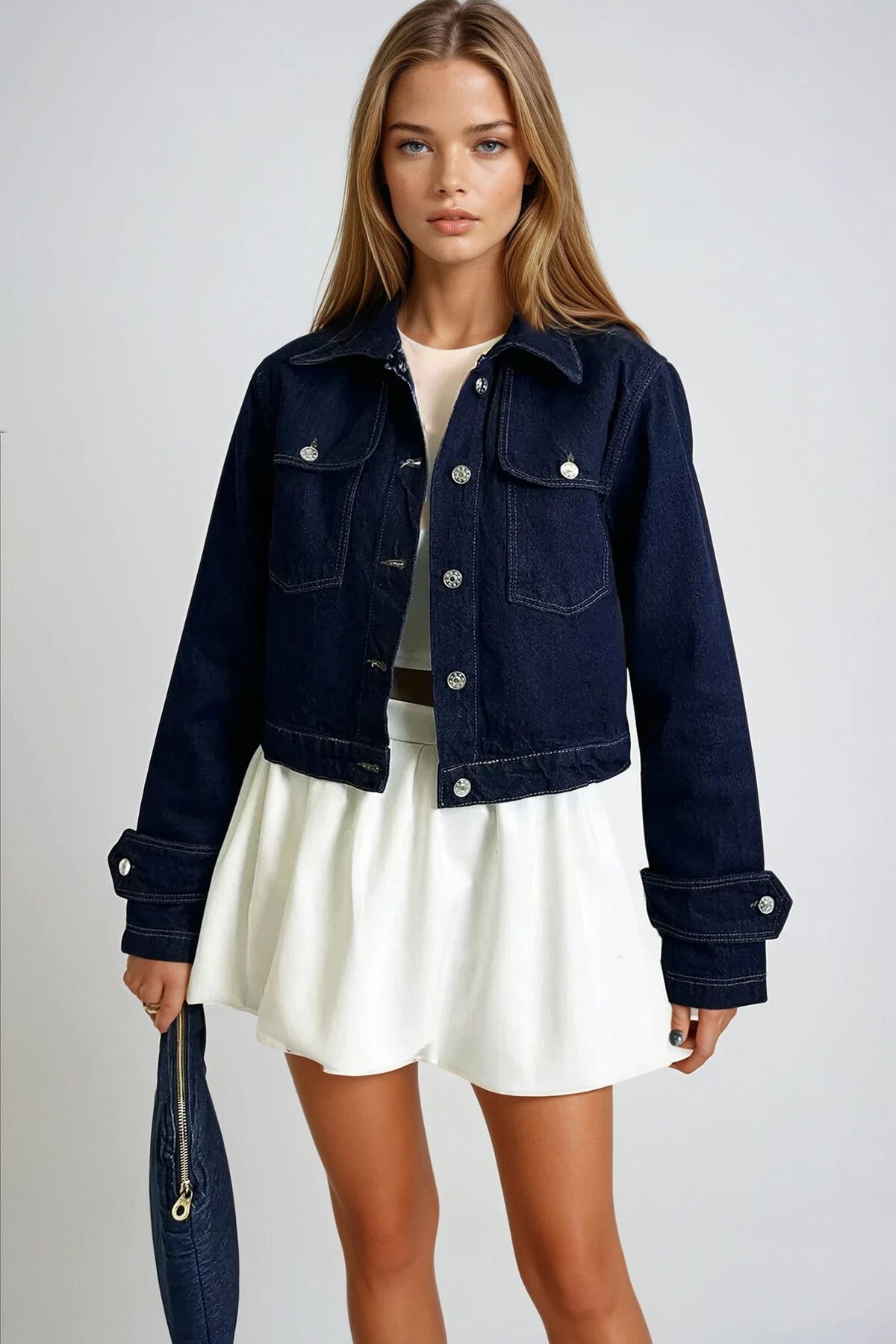 Lacivert Kolları Apolet Detaylı Crop Jean Ceket