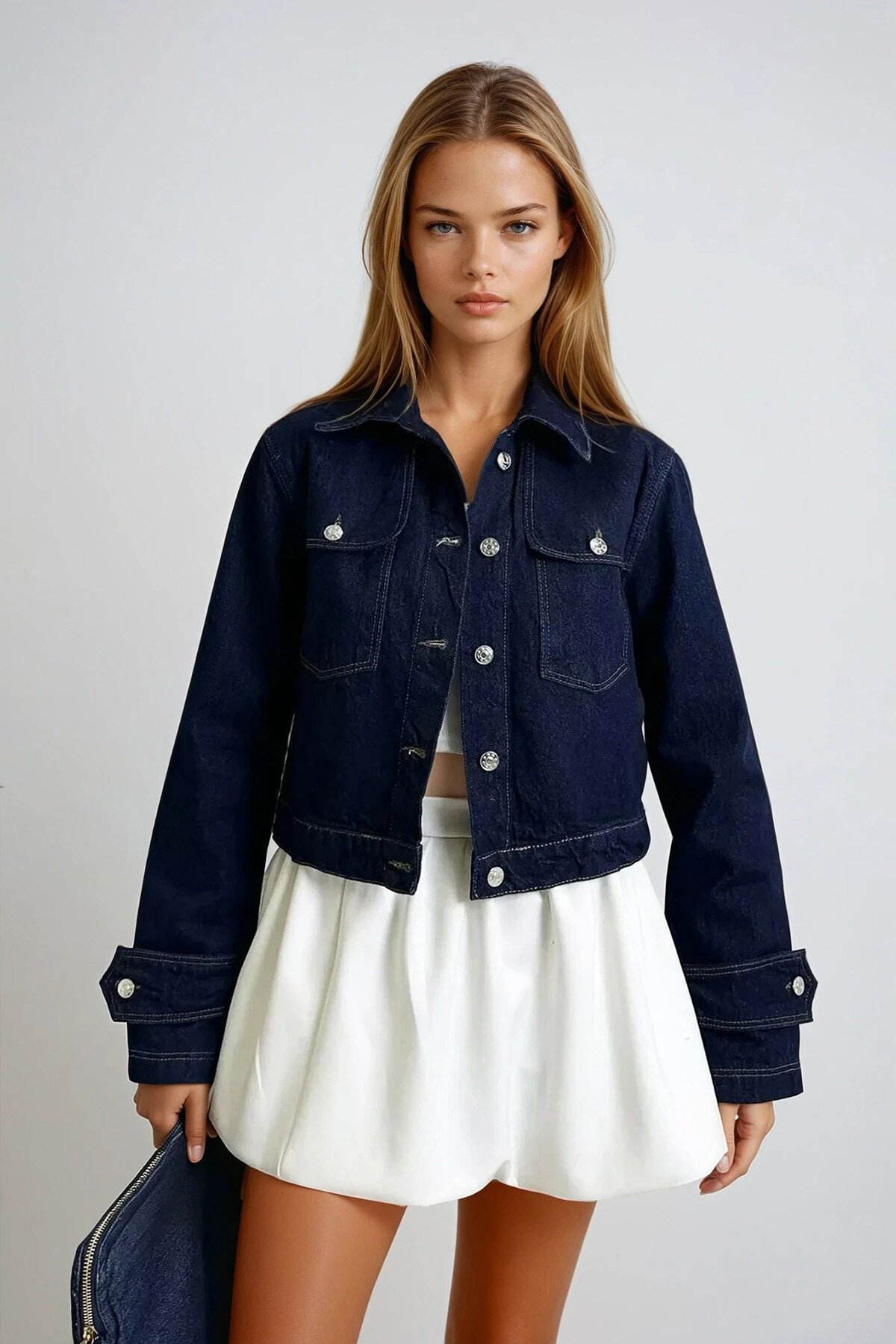 Lacivert Kolları Apolet Detaylı Crop Jean Ceket