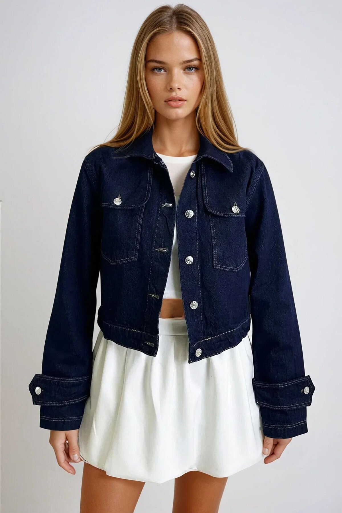 Lacivert Kolları Apolet Detaylı Crop Jean Ceket