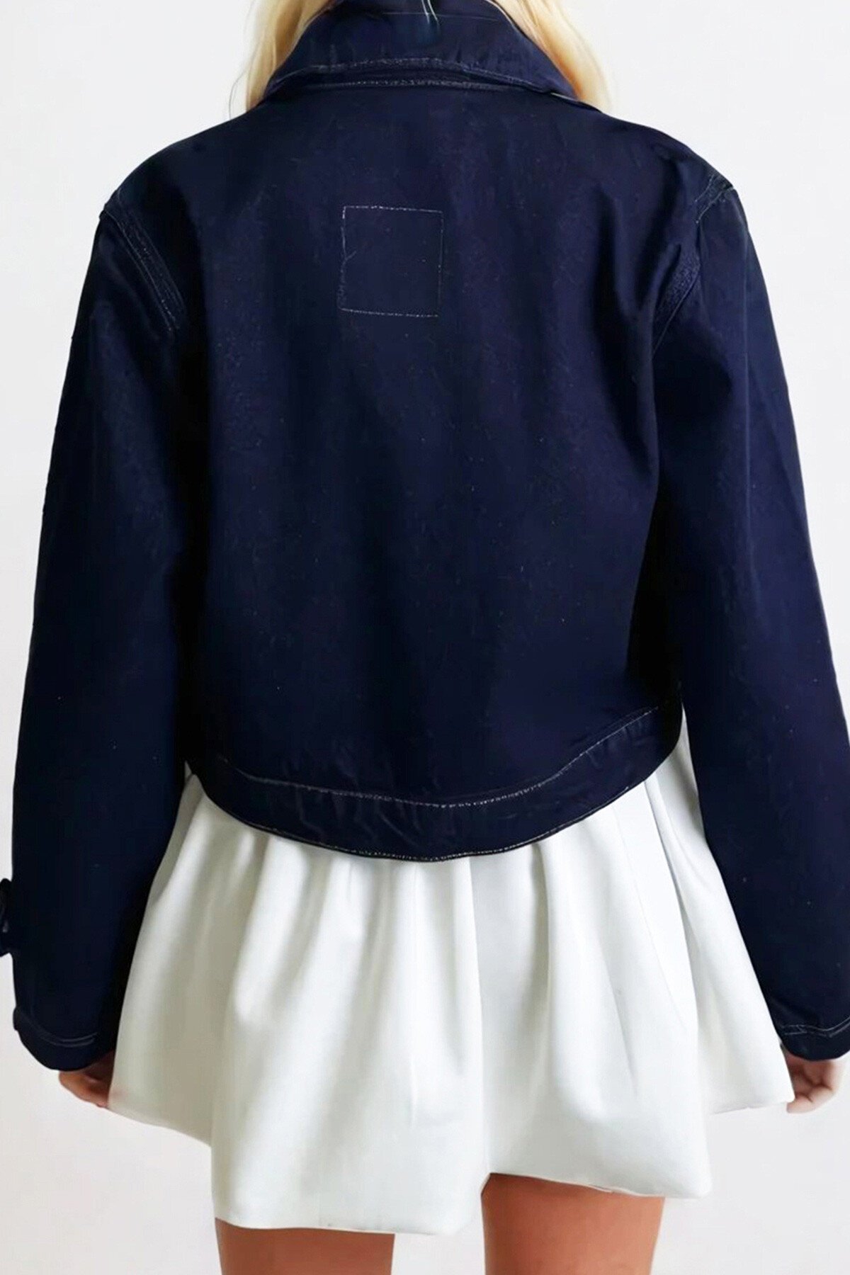 Lacivert Kolları Apolet Detaylı Crop Jean Ceket