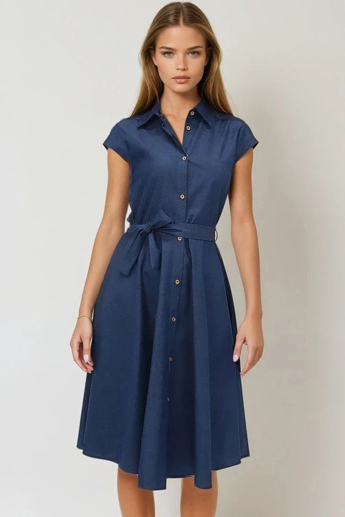 Lacivert Kolsuz Keten Dokuma Gömlek Elbise