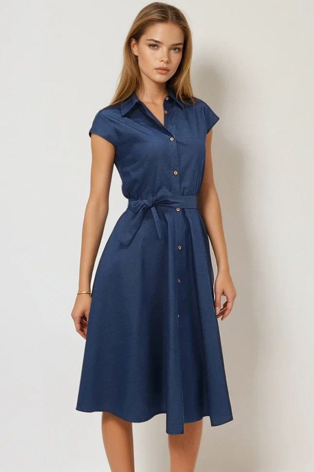 Lacivert Kolsuz Keten Dokuma Gömlek Elbise