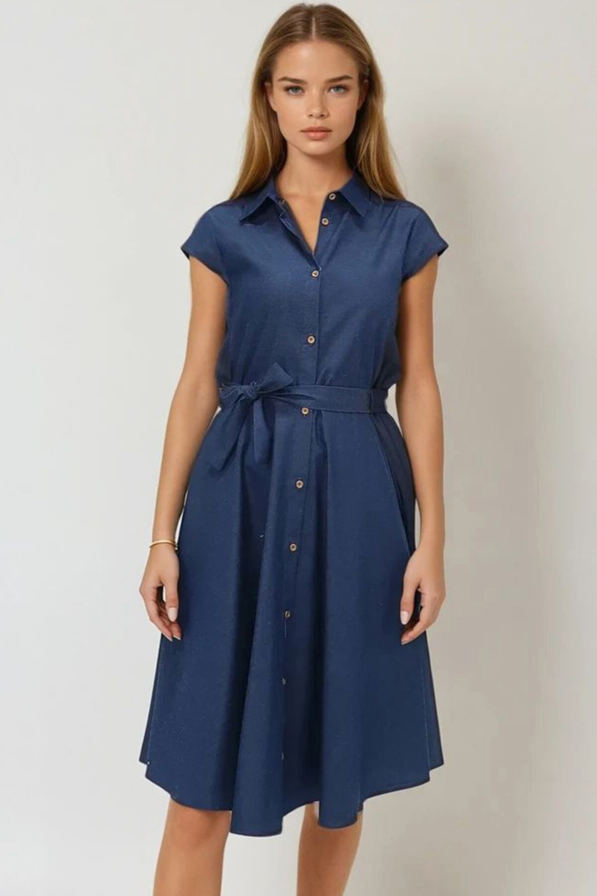 Lacivert Kolsuz Keten Dokuma Gömlek Elbise