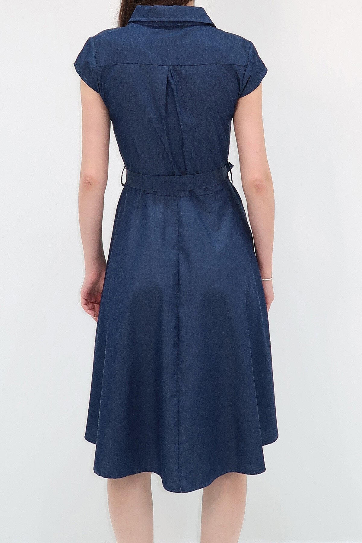 Lacivert Kolsuz Keten Dokuma Gömlek Elbise