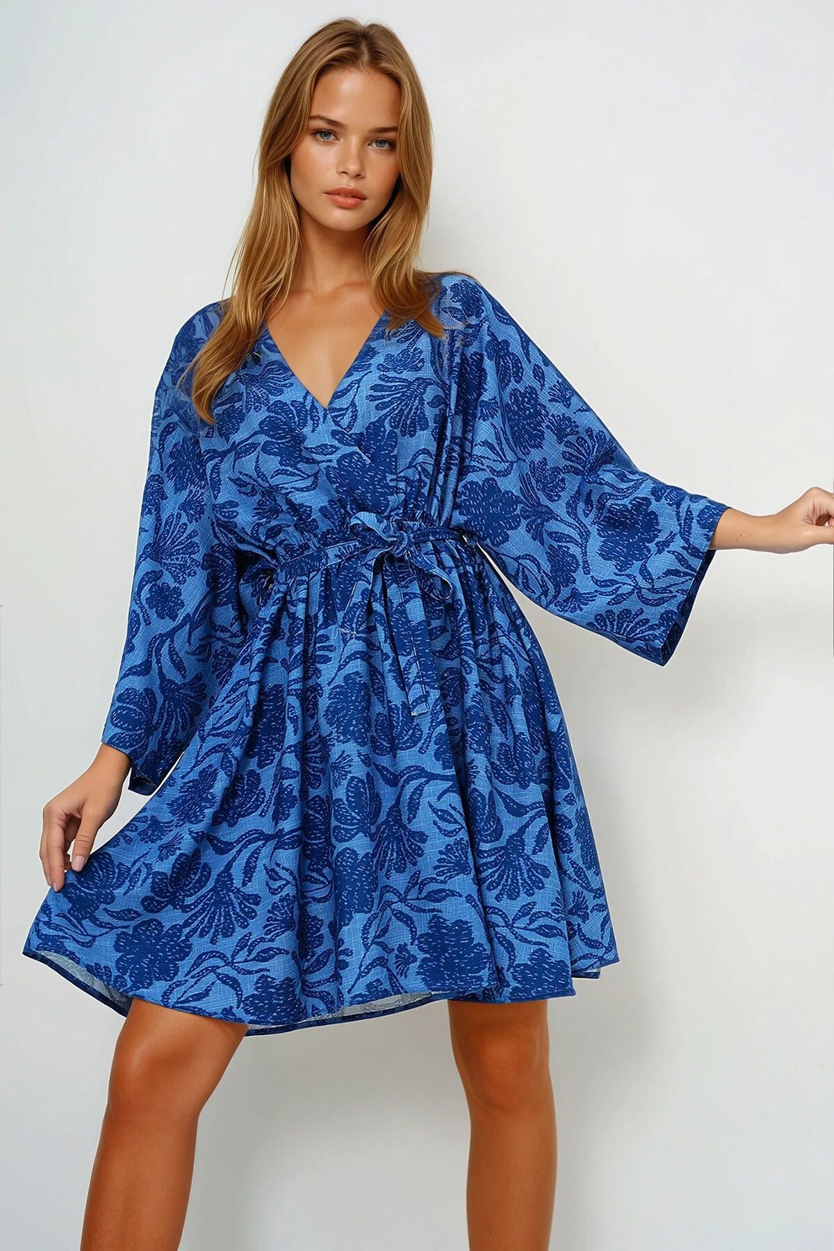 Lacivert Kruvaze Yaka Beli Büzgülü Keten Elbise