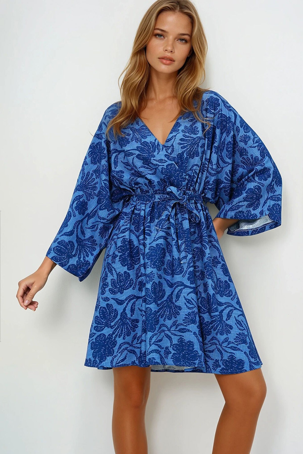 Lacivert Kruvaze Yaka Beli Büzgülü Keten Elbise